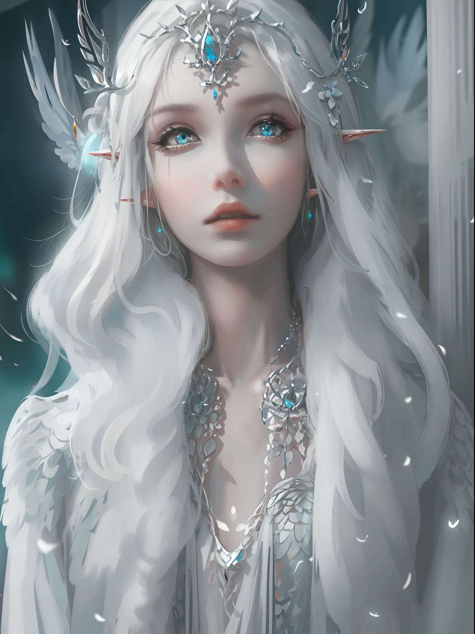 1 woman with a crown, Beautiful and elegant elf princess, Guviz, Fantasy art style, 8K high quality detailed art, Seductive elf princess, digital fantasy art , beautiful elven princess, beautiful and elegant female elf,（Perfect full-body portrait，tilt of the head，BREAK BREAK BREAK,），（WLOP painter style，glitters，Blue sparkling eyeshadow）， (long  white hair，White-colored skin，Elf Girl，The skin is translucent white，sparkle in eyes，The elves were dressed in pure white)，beautiful  face，（Lonely pale face），facing to audience，Particle，Glow，Guviz-style artwork, Phlegm phlegm art，（Volumetriclighting），atmosphric perspective，dust particle，Axis