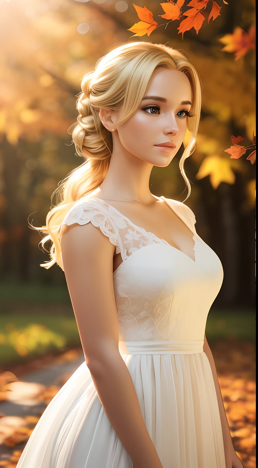 a full body photograph of a beautiful young woman, light golden blonde hair, updo hairstyle, highly detailed, stunning, pretty woman, beautiful face, pretty face, symmetric face, autumn scene, portrait, fall colors, photography, photorealism, realistic, highly detailed, bokeh, backlight, soft light, soft shadows, sunlight, natural light, 8k, volumetric lighting 3d, high key, 1 dof, 3d,--ar 9:16 - Image #4 --auto