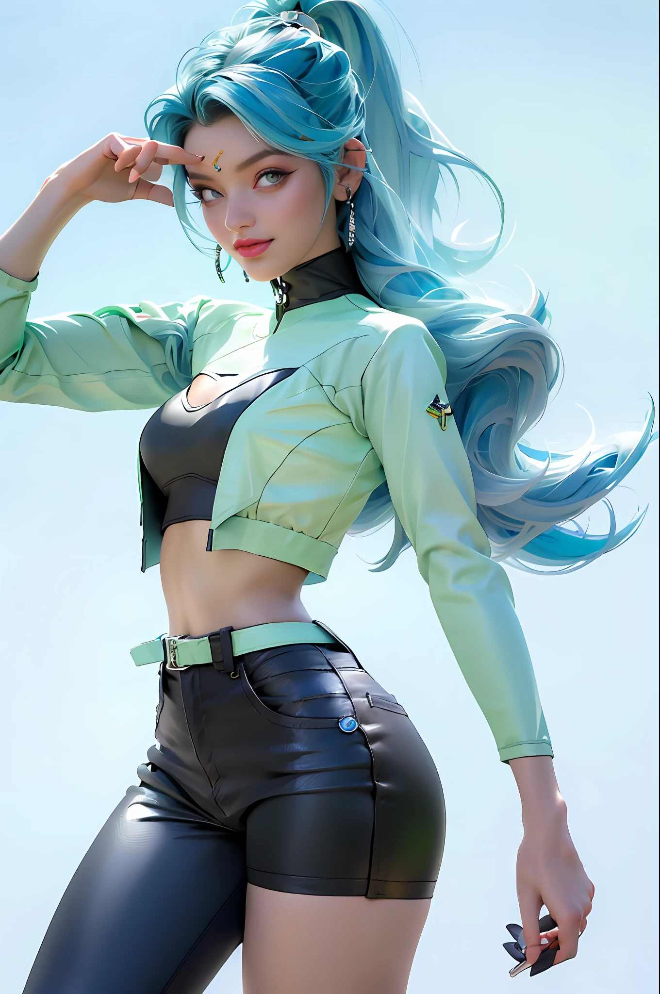 mulher bonita pra caralho, with big fart, pernas nuas, salto alto, uma jaqueta de couro preta rasgada, em pose sexy, rosto muito realista, tatuada, 18 anos de idade, batom rosa, olhos realistas, strong illumination, roupas com detalhes em neon, high-heeled sandals, aqua hair, esmalte azul, blusa molhada revelando os mamilos.