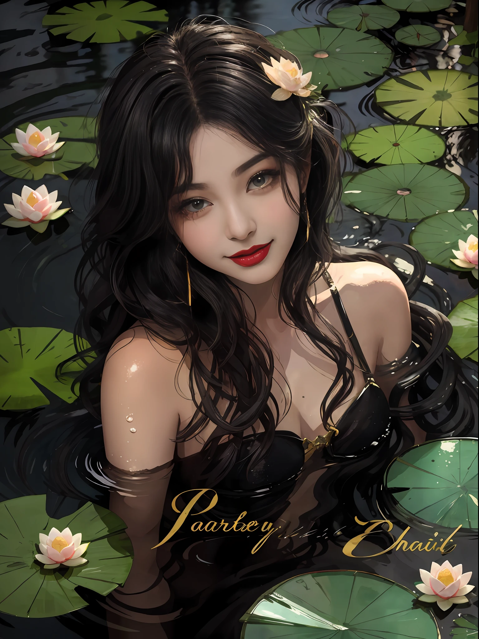 best qualtiy，8K，Best quality，(the detail:1.4), There was a woman floating in a pond，This is a close-up illustration created in the Guvez style，Depicting people in the water。The character has a black wavy hairstyle and bangs，It was a beautiful young woman。Her skin shimmered with a pure white sheen。Close-up of a character in a body of water，Works of art painted in the Guvez style，A light smile and lipstick，Beautiful beautiful young woman，Lotus blossoms，，Highly detailed watercolor 8K