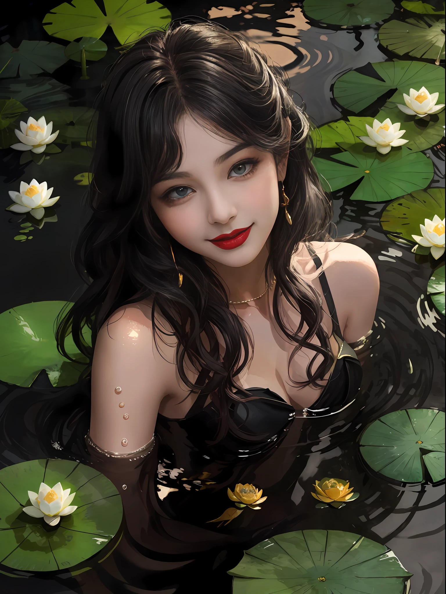 best qualtiy，8K，Best quality，(the detail:1.4), There was a woman floating in a pond，This is a close-up illustration created in the Guvez style，Depicting people in the water。The character has a black wavy hairstyle and bangs，It was a beautiful young woman。Her skin shimmered with a pure white sheen。Close-up of a character in a body of water，Works of art painted in the Guvez style，A light smile and lipstick，Beautiful beautiful young woman，Lotus blossoms，，Highly detailed watercolor 8K