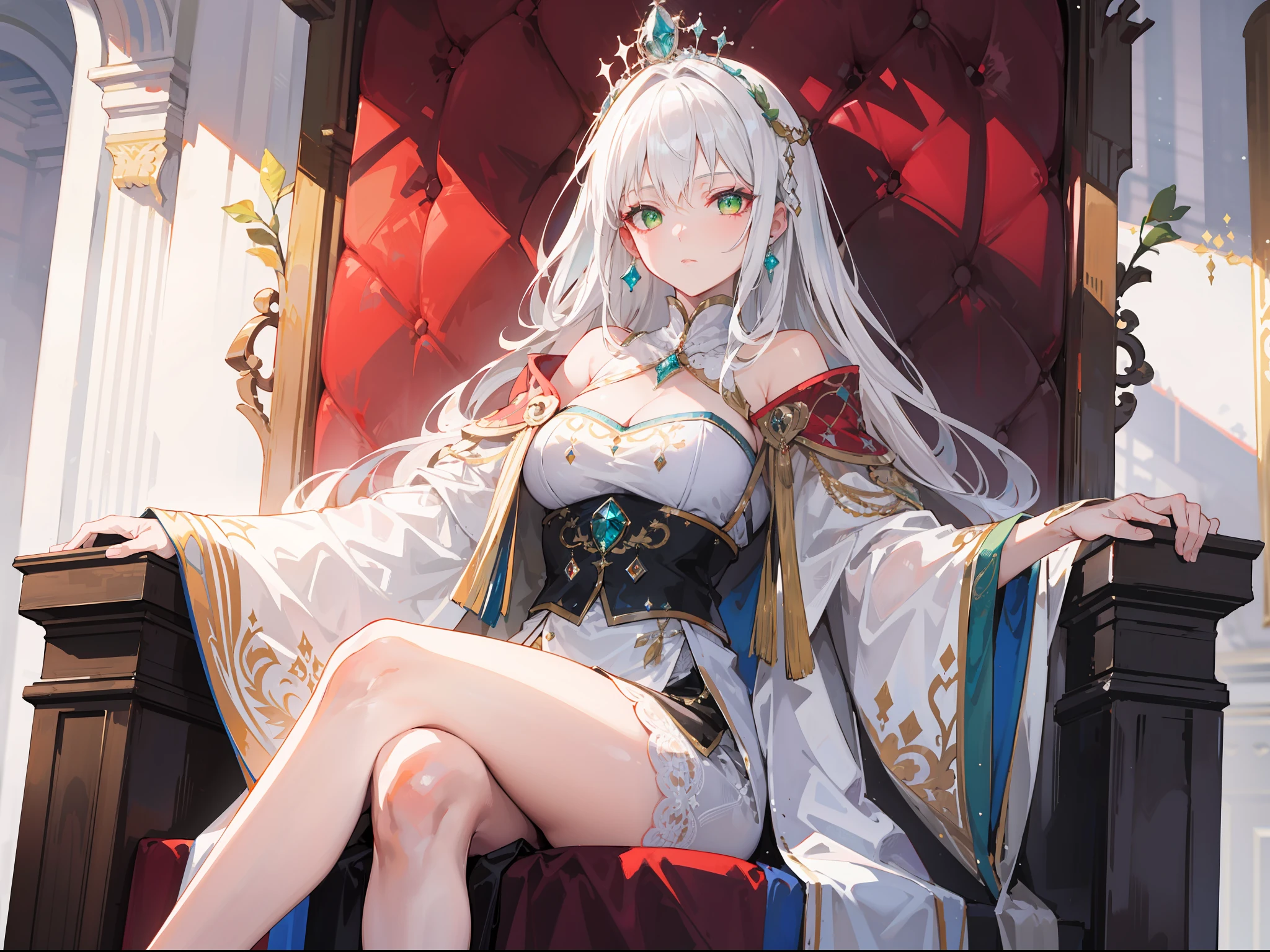 "Epic palace atmosphere, stunning 4k artwork featuring a beautiful mature lady with long flowing white hair. Glowing green eyes. She was wearing white royal coat, she sitting on the throne and leaned in her arms."