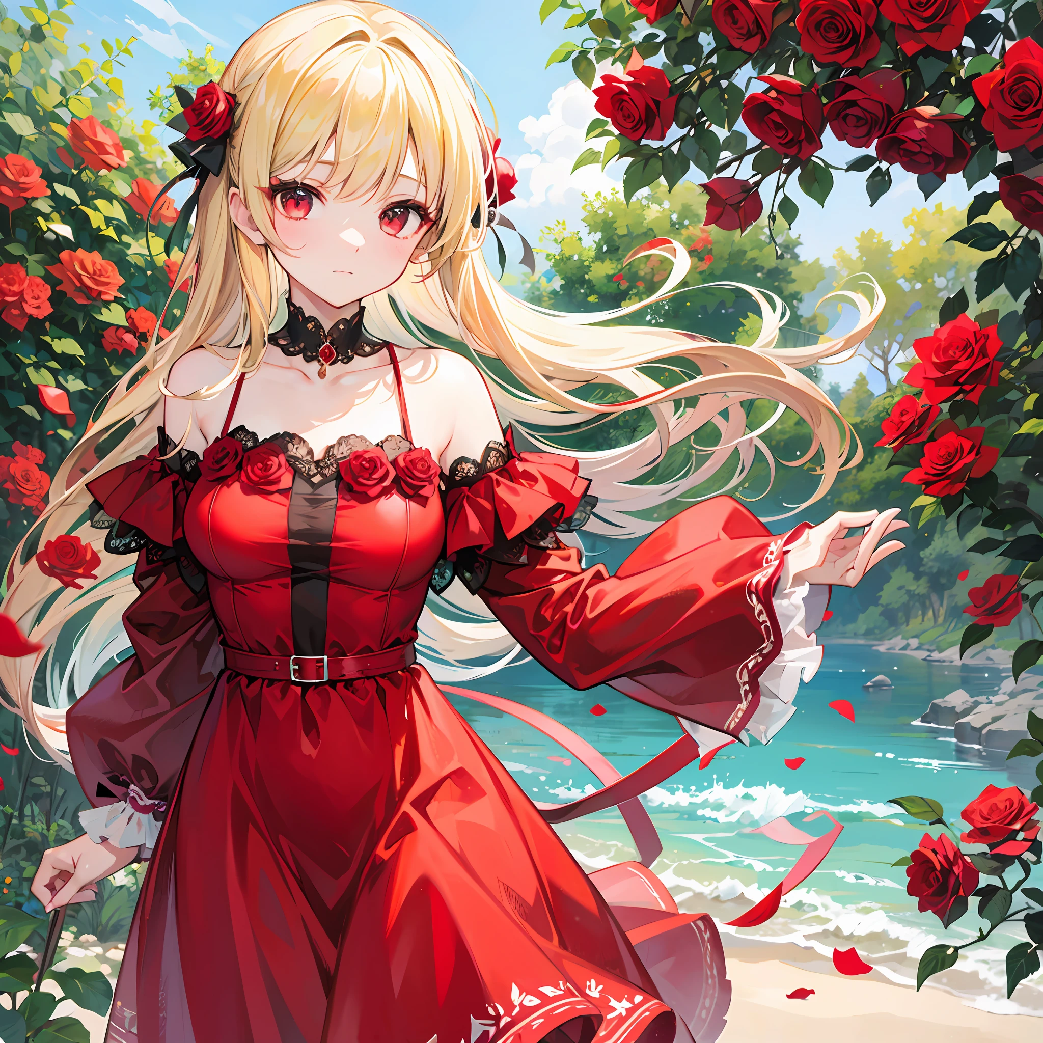One blonde girl、red eyes、Bright red dress、off shoulders、Red Rose Garden