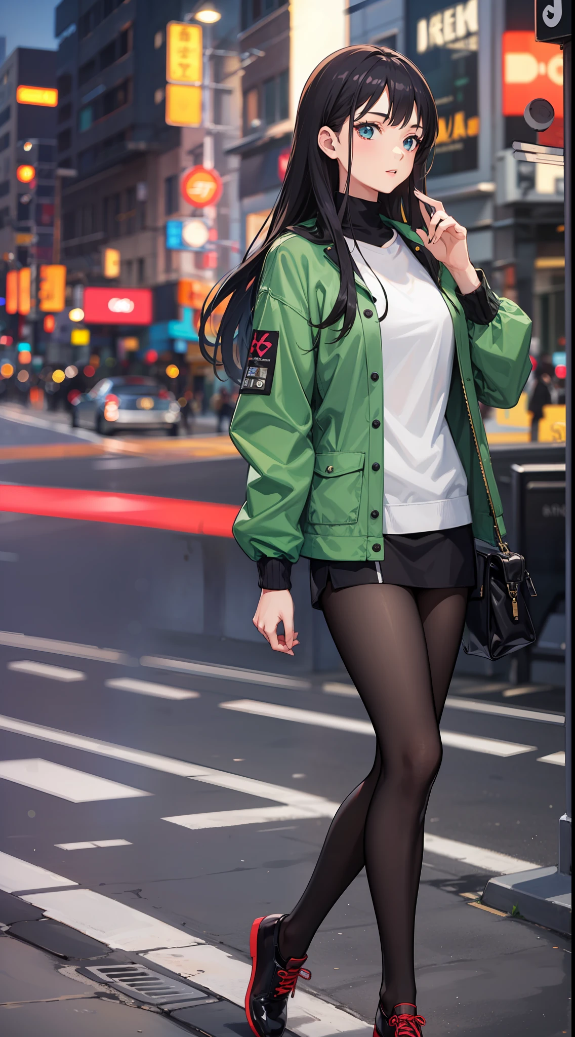 1 girl, High quality, High quality, full body, 8K, 4K, DJ, club, street, Street fashion green jacket black long hair