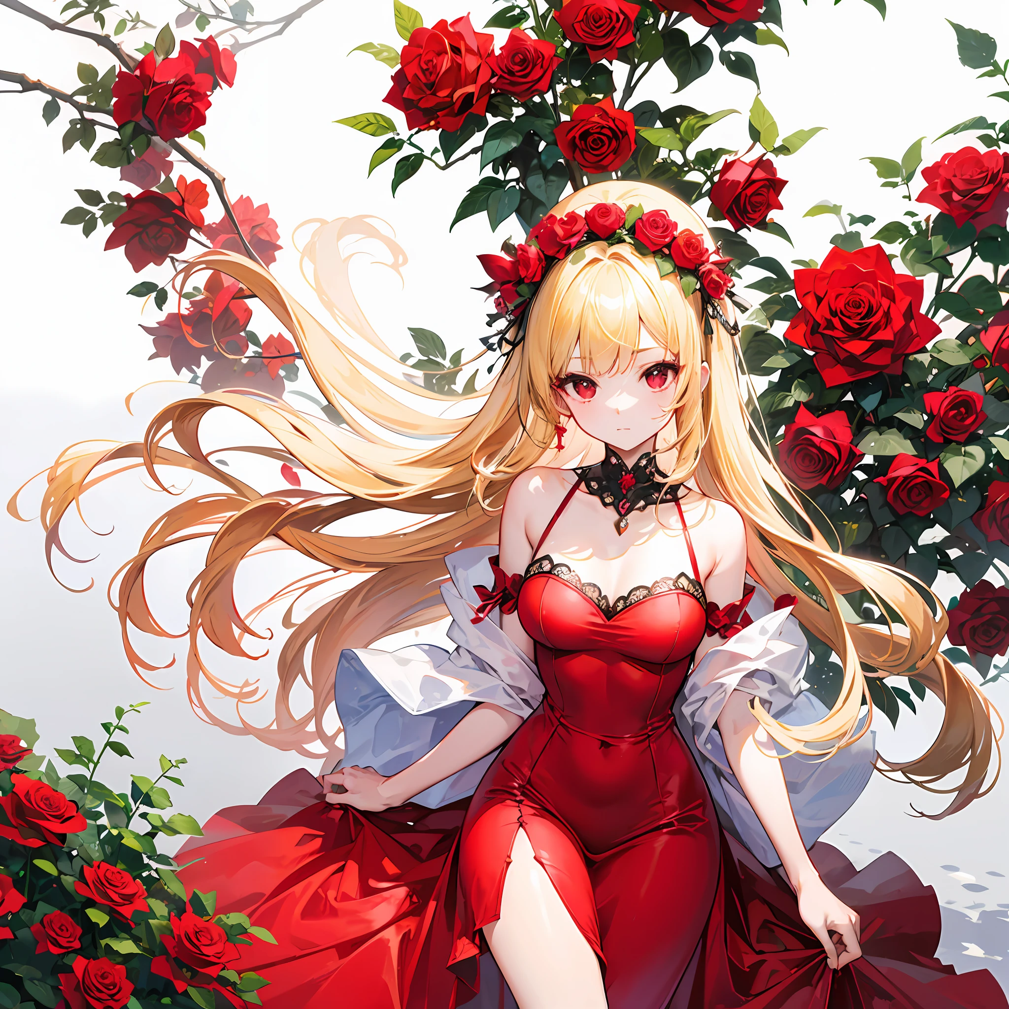 One blonde girl、red eyes、Bright red dress、off shoulders、Red Rose Garden