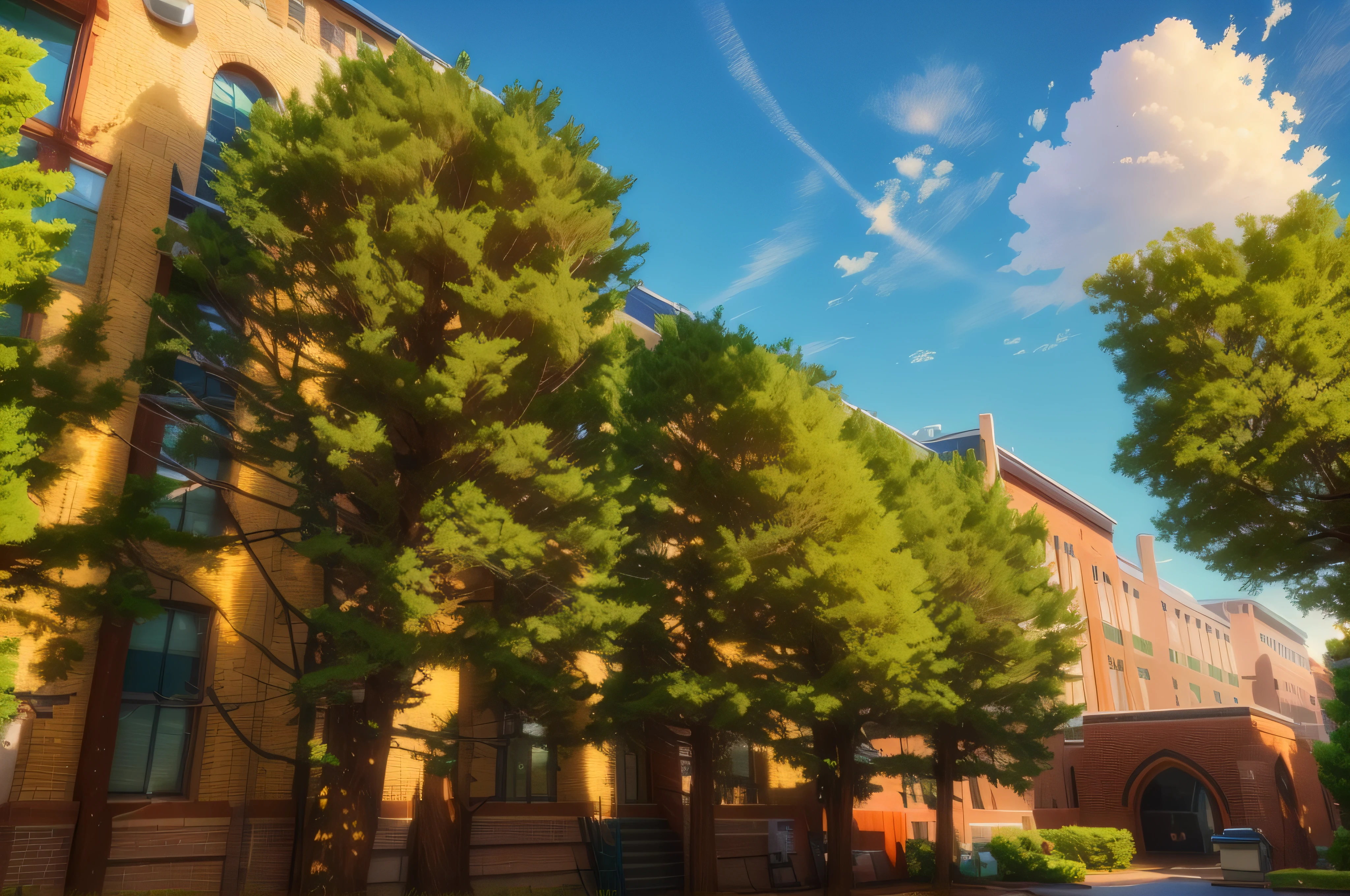 Tree on the sidewalk of a large brick building with clock at the top々is lined up, Huge tree with warm windows々, japanese high school, Outside trees々, in a sunny day, Empty buildings with vegetation, tree in the background, with trees, The tree々Against the background of, A few trees in the corner, Spruce trees on the sides, The tree々casts a shadow on the wall