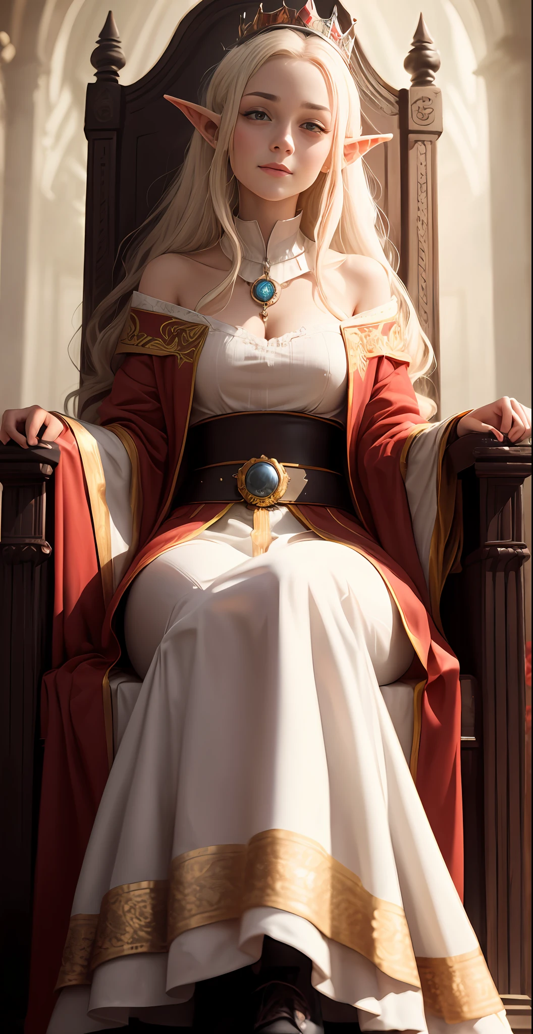 whaite hair, red - eyed,The diminutive female elf had a deep gaze,Crown on head,The crown is dark red,The expression was indifferent,A mocking smile appeared at the corner of his mouth,in red robes,with fair skin,Wearing long black leather shoes,Sit on the throne of a medieval-style palace,The surface of the throne is dotted with precious stones,looking down below,looking down below,There is a strong sense of oppression --auto