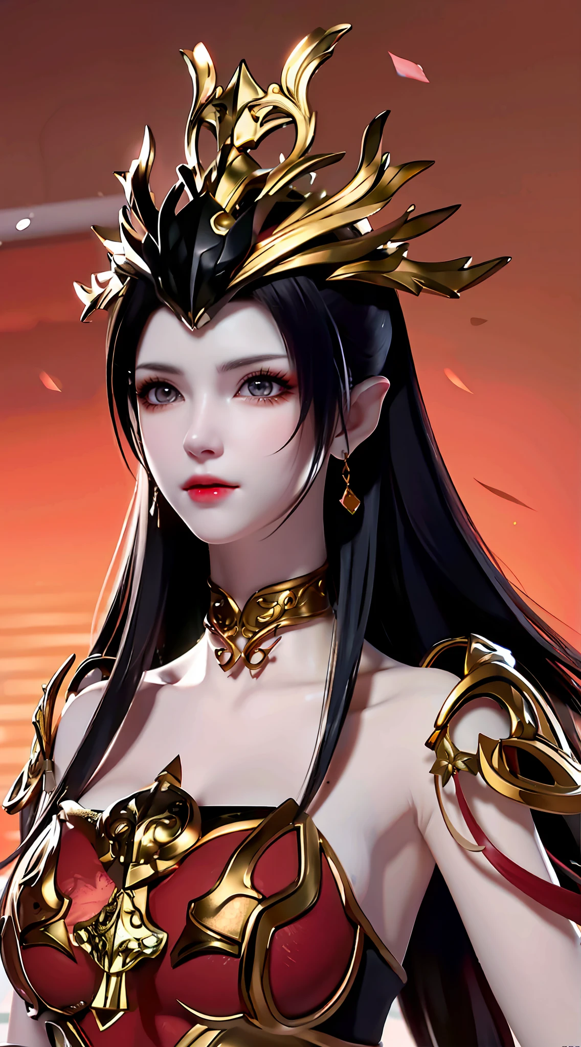 Need,tmasterpiece,8K,exquisite detailing，realisticlying，A true physics engine，brunette color hair,Golden eyes,Red group,Look up,The upper part of the body,Hairline,Red theme，Naked of breast，voluptuous figure