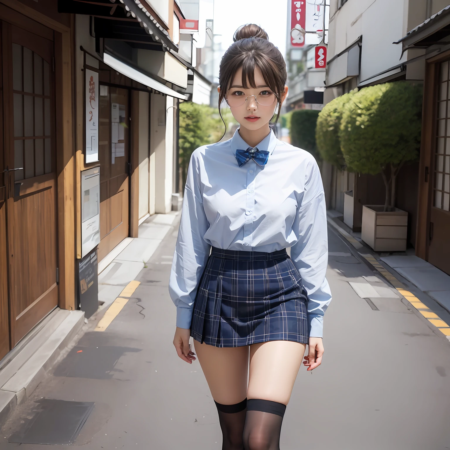 (8K、Raw photography、top-quality、masterpiece:1.2),full body Esbian,masterpiece,top-quality、超A high resolution,Raw photo,ren,Beautiful fece,One Person, 独奏,eye glass,,Dark look,Small breasts,fullllbody,Round glasses、cute little、A Japanese Lady,is standing,(Tight eyes,Bullish,skinny,Rasping,irate,small tits,flat breast)、(Photorealsitic:1.37)、Photon mapping,Light blue ribbon,Realistic、Cute little face,Brown-eyed、Black socks、Red bow tie、Radio City、Physically Based Rendering、Foreground、depth of fields、Blurry background、a picture,The girls、Body, Long legs, Thin leg, Single knot ponytail,Let your hair flow forward、(Bangs are visible), hair, s lips, Blue_The eye, nosesoft, Light blue shirt, Navy blue and blue and white plaid pleated skirt, Sheer clothing,, Thigh, Black cotton socks,Nogizaka Idol, 女優, Japanese ido