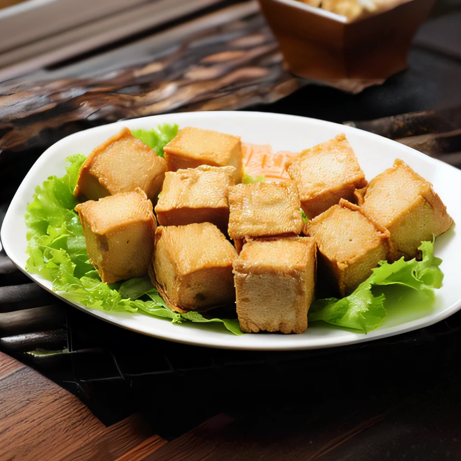 A plate of tofu on a plate of lettuce, crispy, Yum, bao phan, sandwich with fried tofu, Square, food, one sandwich with fried tofu, Eating, in style of pan ren wei, Chinese, healthy, battered, Bao Pnan, recipe, 2. 5 - Dimensions, with a soft, cheesy, celebrating, breads, Golden