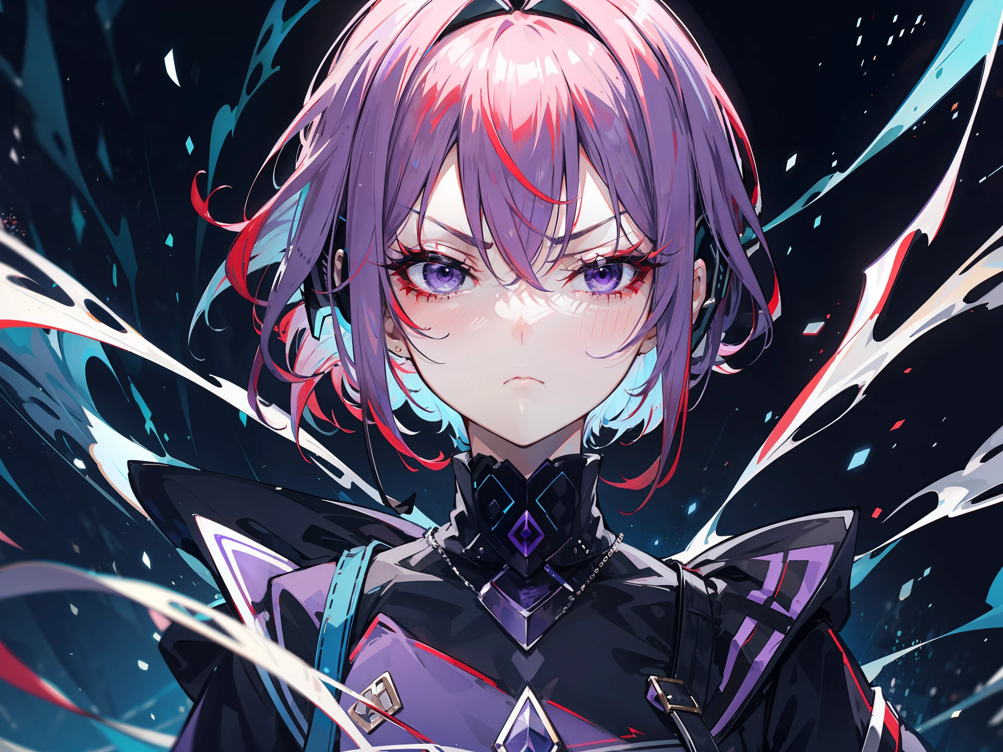 red hair, hood, head mounted display, one eye closed, furrowed brow, longeyelashes, colored eyelashes, purple eyes, frown, UHD