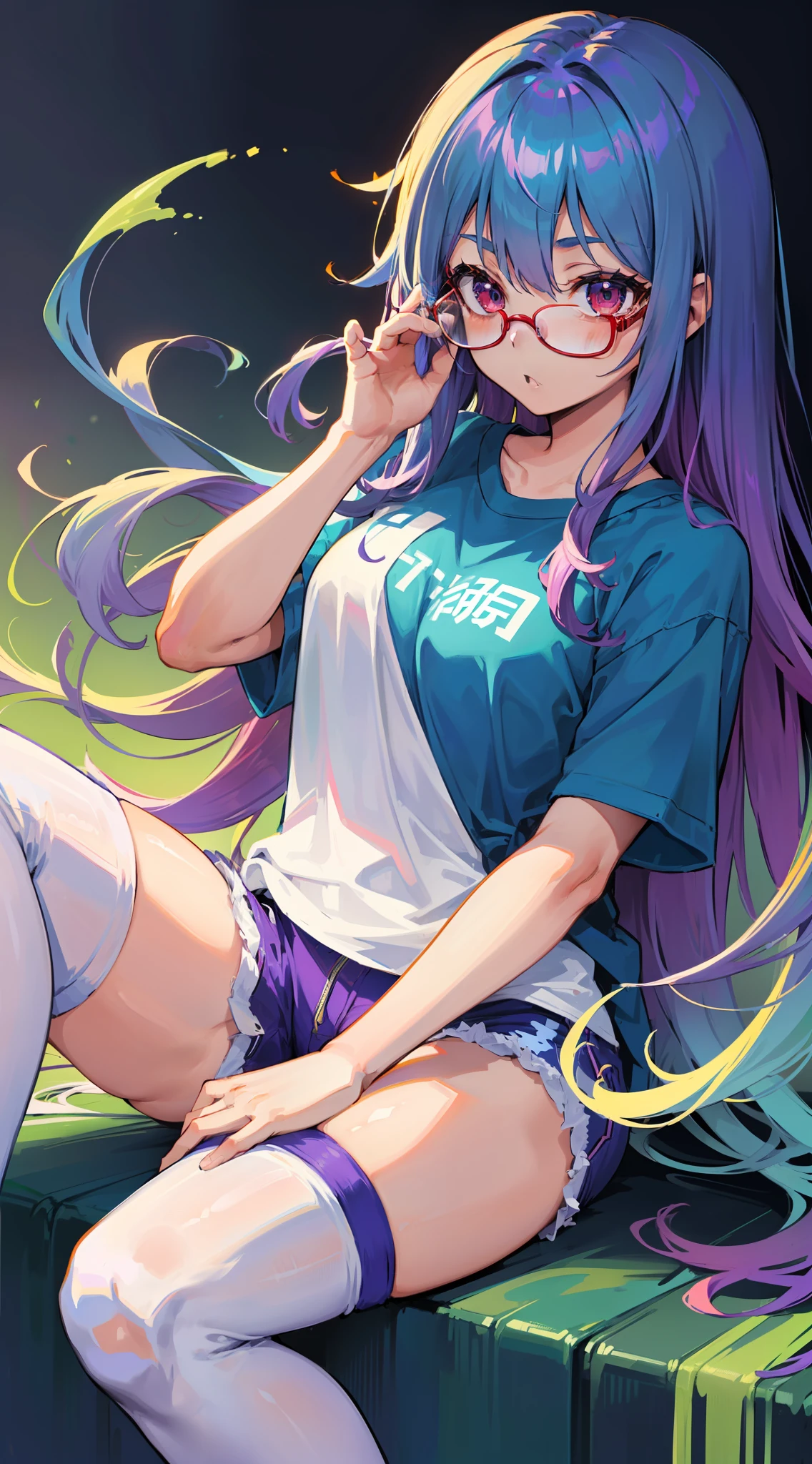 (teens girl,人物,校服,Gradient Long Hair+lightblue hair+Purple hair ends+Red Half-rimmed Glasses+Purple eye:1.2,White T-shirt+Blue super shorts,White over-the-knee stockings, Expressions are confident and static)