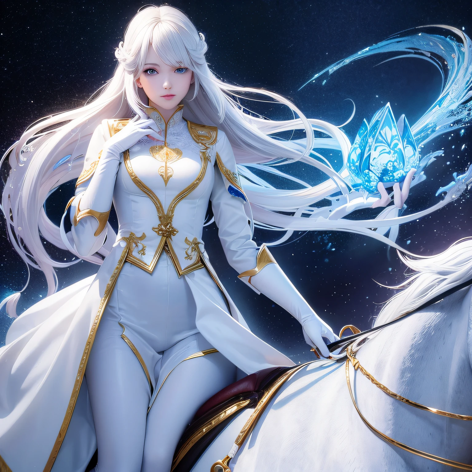 White horse, prince from fairy tale, blue eyes, golden hair, white suit --auto