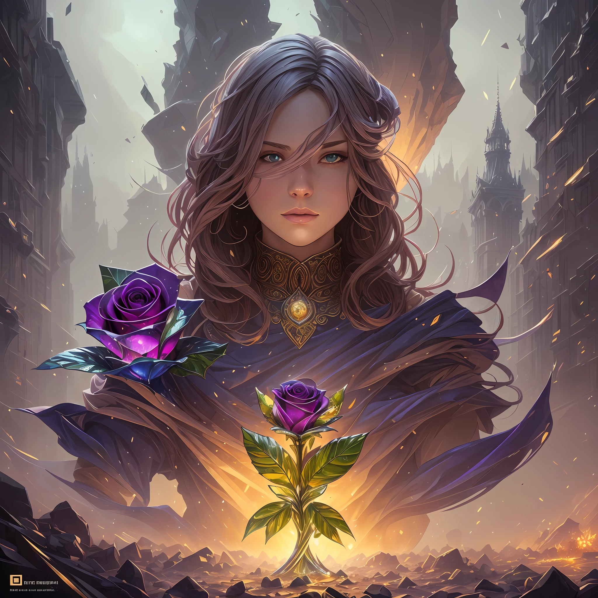 Glass crystal rose: a masterpiece, 8k resolution, dark fantasy concept art, by Greg Rutkowski, dynamic lighting, hyperdetailed, intricately detailed, Splash screen art, trending on Artstation, deep color, Unreal Engine, volumetric lighting, Alphonse Mucha, Jordan Grimmer, purple and yellow complementary colours --auto --s2