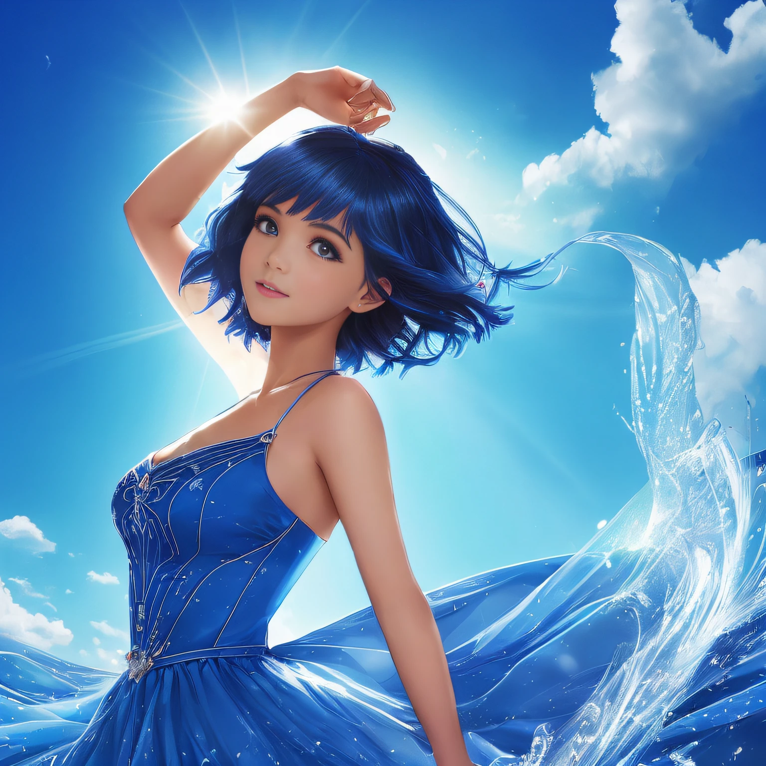 (Two-dimensional strokes:1.4), (a beauty girl:1.5), (youthfulness:1.3), (vivaciousness:1.2), (rays of sunshine:1.2), (light blue long hair:1.3), (Light blue princess dress:1.2),with blue sky and white clouds