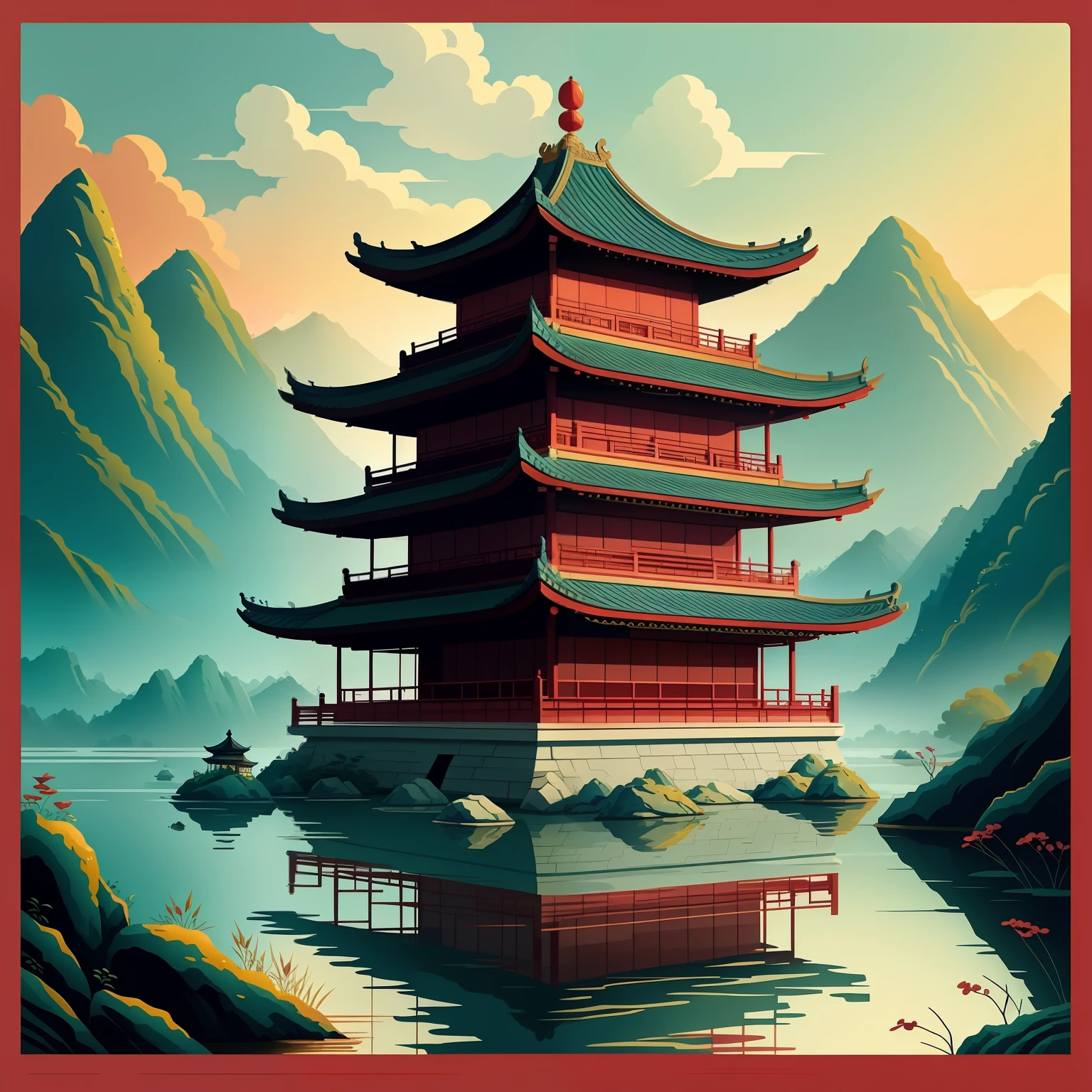 Chinese painting style，Ancient buildings of West Lake，The dream-like atmosphere of the Red Mansion，A masterpiece-like picture。 --auto