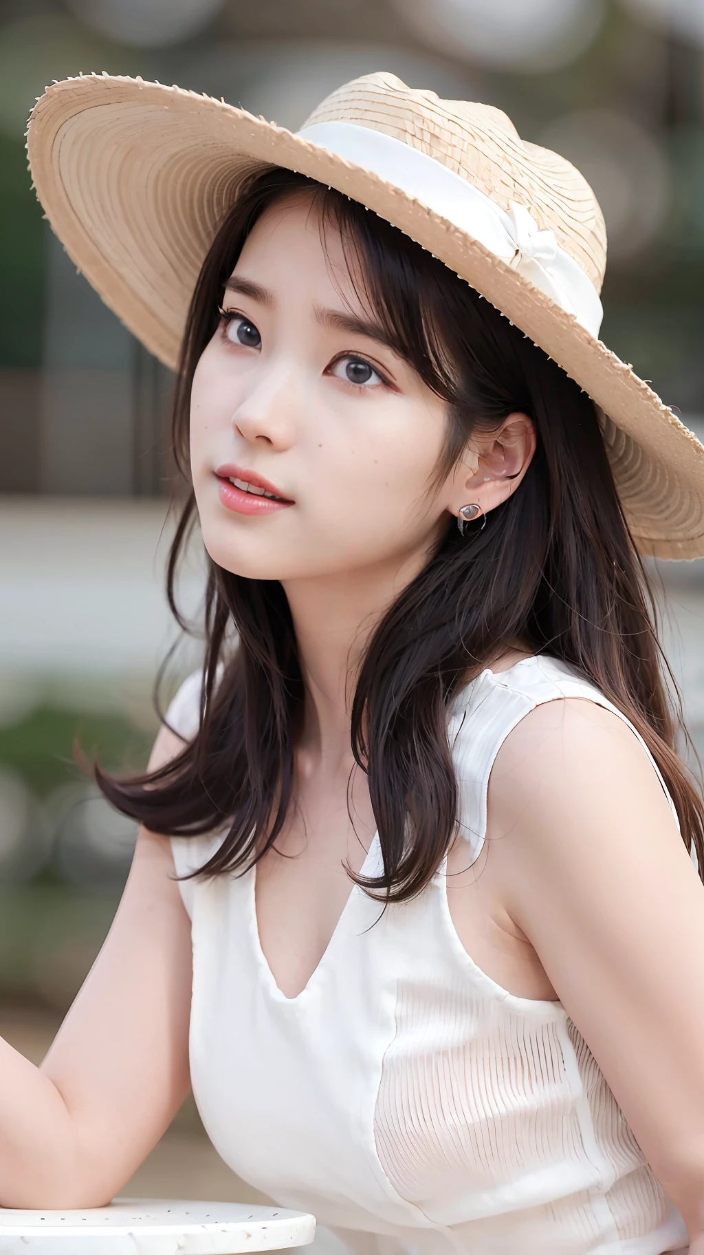 ((Masterpiece)),8k,masterpiece, best quality, 1girl,solo,realistic, garden, photorealistic,ultra detailed, detailed background,(solo:1.4)
,The portrait is centered, ultra high res
full-body shot
((no hands))
sunlight
looking at front,
hazel eyes, happy expression, slender figure, standing against a city skyline at night
upper body, realistic, extremely detailed hair, intricate detail, masterpiece, best quality, standing,cityscape, outdoors, crowd,
(white hat:1.2),
(big hat:1.2),
sitting,
white chair, white table, tea set on table, white teacup,(garden), flowers, dynamic light, tranquil, serene, smiling, side view, profile, looking at viewer,
diamond stud earrings, long straight black hair, asymmetrical bangs, Pretty Baby Bangs ,
small breast , flat breast, native breast, half hair, purple eyeshadow, expressionless, ultra high res background
grap the tea cup
(detailed eyes),(detailed facial features),(detailed clothes features),(ultra high res),( fluffy hair)
iu1,