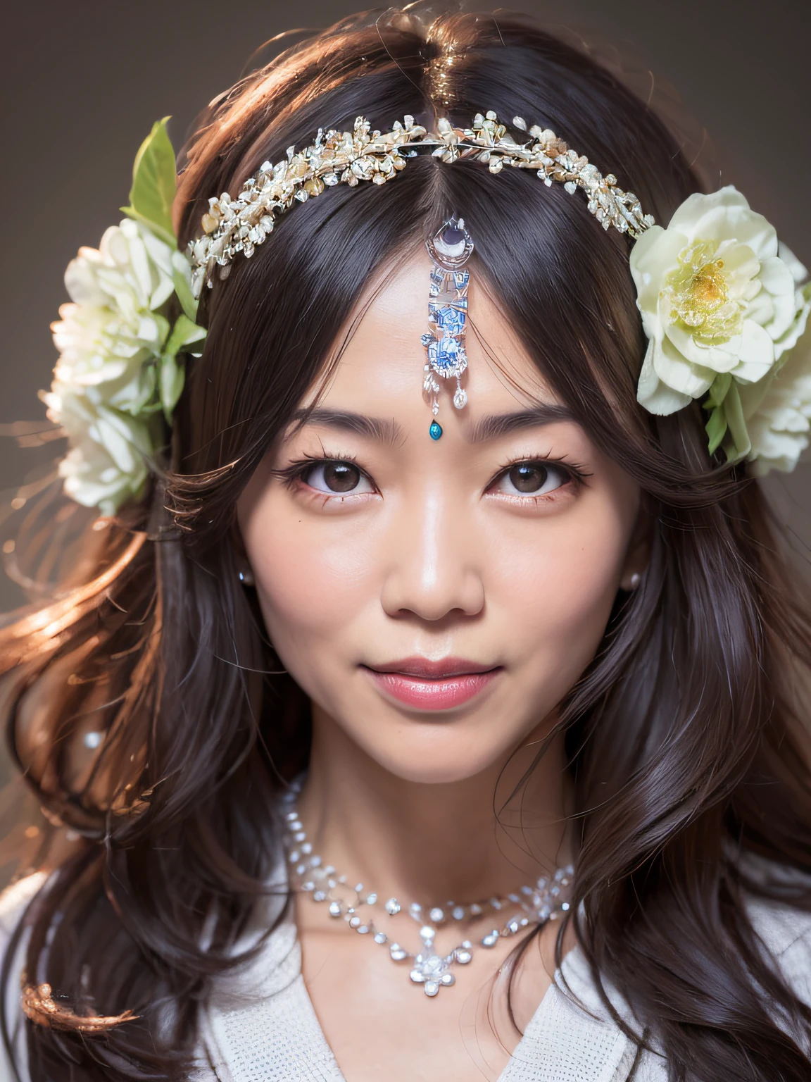 ultraclear,8K,Close-up view of the face,ssmile,wavy and long hair,dark-skin,Asian face,Melon seed face,50yearsold