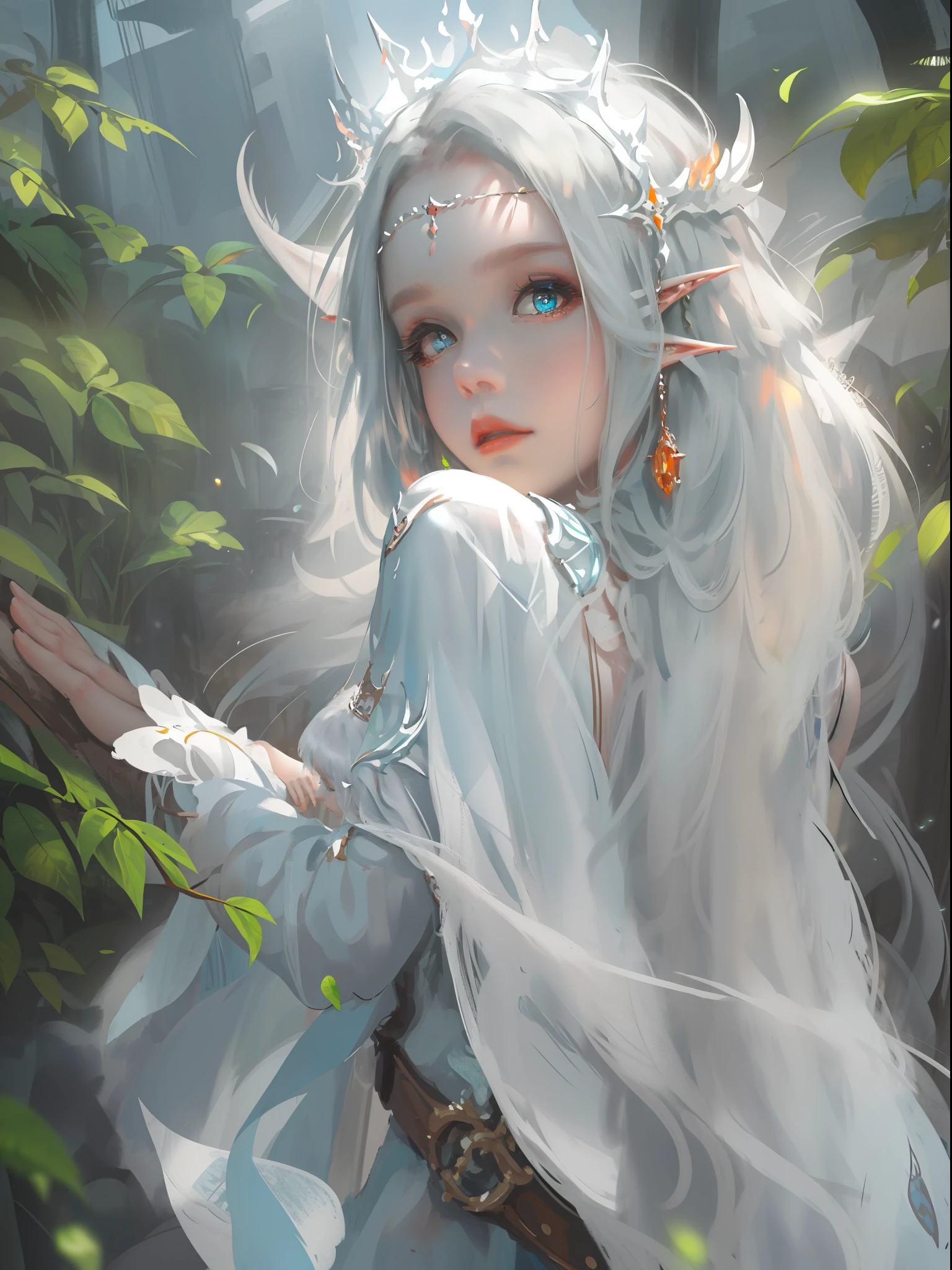 1 woman with a crown, Beautiful and elegant elf princess, Guviz, Fantasy art style, 8K high quality detailed art, Seductive elf princess, digital fantasy art , beautiful elven princess, beautiful and elegant female elf,（Perfect full-body portrait，tilt of the head，BREAK BREAK BREAK,），（WLOP painter style，glitters，Blue sparkling eyeshadow）， (long  white hair，White-colored skin，Elf Girl，The skin is translucent white，sparkle in eyes，The elves were dressed in pure white)，beautiful  face，（Lonely pale face），facing to audience，Particle，Glow，Guviz-style artwork, WLOP Art，（Volumetriclighting），atmosphric perspective，dust particle，Axis，（e_foxy：0.7），m_wlop，（e_landscape：0.7）