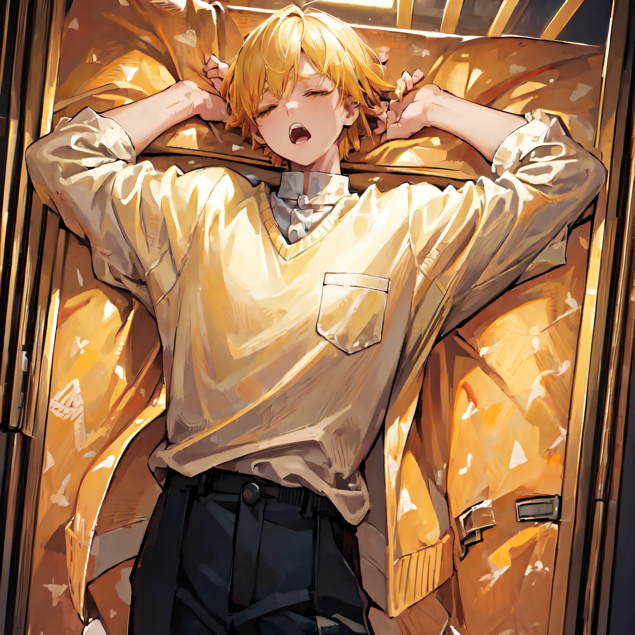 (((master piece))),((best quality)),((((park)))), detailed,1boy, standingn, yellow hair,white shirt,buttoned sweater,pants,closed eyes,yawn,tired,ultra detailed face