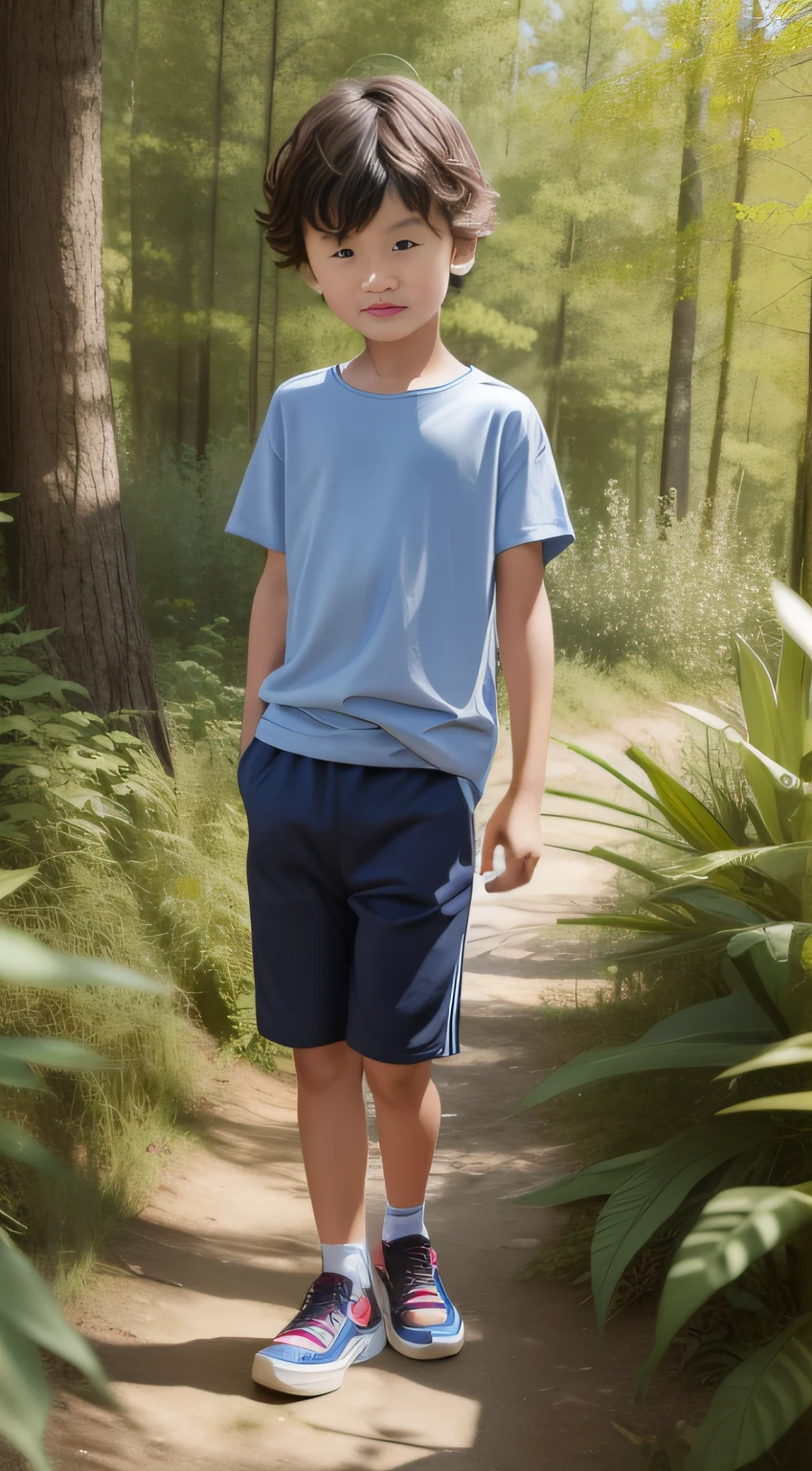 The Alafard boy stands on a path in the woods with a skateboard, in shorts and t-shirt, mid shot portrait, boy shorts, portait image, high quality portrait, Outdoors, young man with short, large portrait, in front of a forest background, is wearing a shorts, Medium portrait, Navy blue shorts, standing in forest, wearing pants and a t-shirt