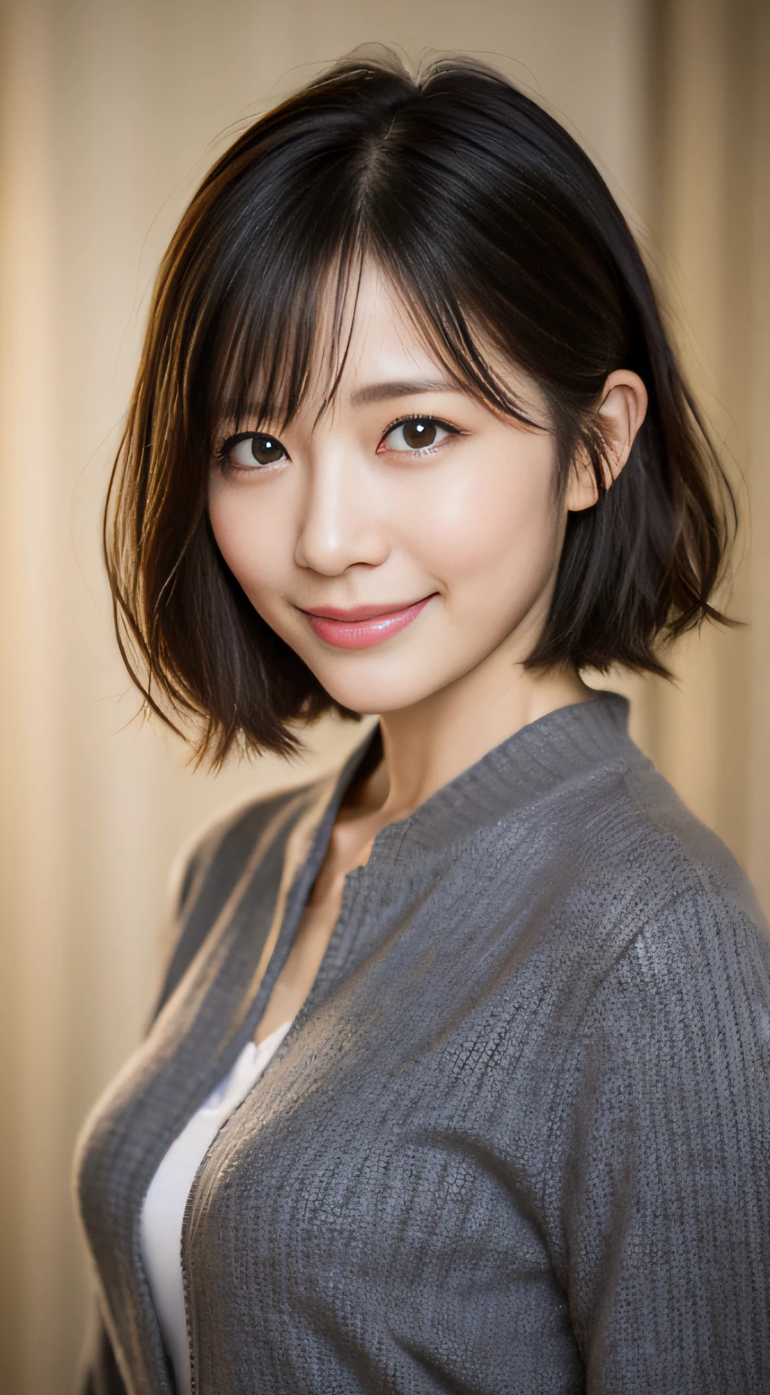 portrait, 8K, high quality, realistic photo image, 39 years old, Japan woman, neat and clean wife, small, housewife, reproduce natural and realistic eyes, Japan person stand, small, beautiful black hair, short hair, light makeup, octane rendering, beautiful lighting, golden ratio composition, smile, everyday wear, casual clothes, natural background, blurred background, 4k, high quality, realistic photo image, Japan woman, 37 years old, pure Japan face, lovely wife, upper body, small breasts, light makeup, suppin, neat beauty, mature woman, sober clothes, gray, beige, blue, sober, casual attire, smile, black hair, small black eyes, background blur