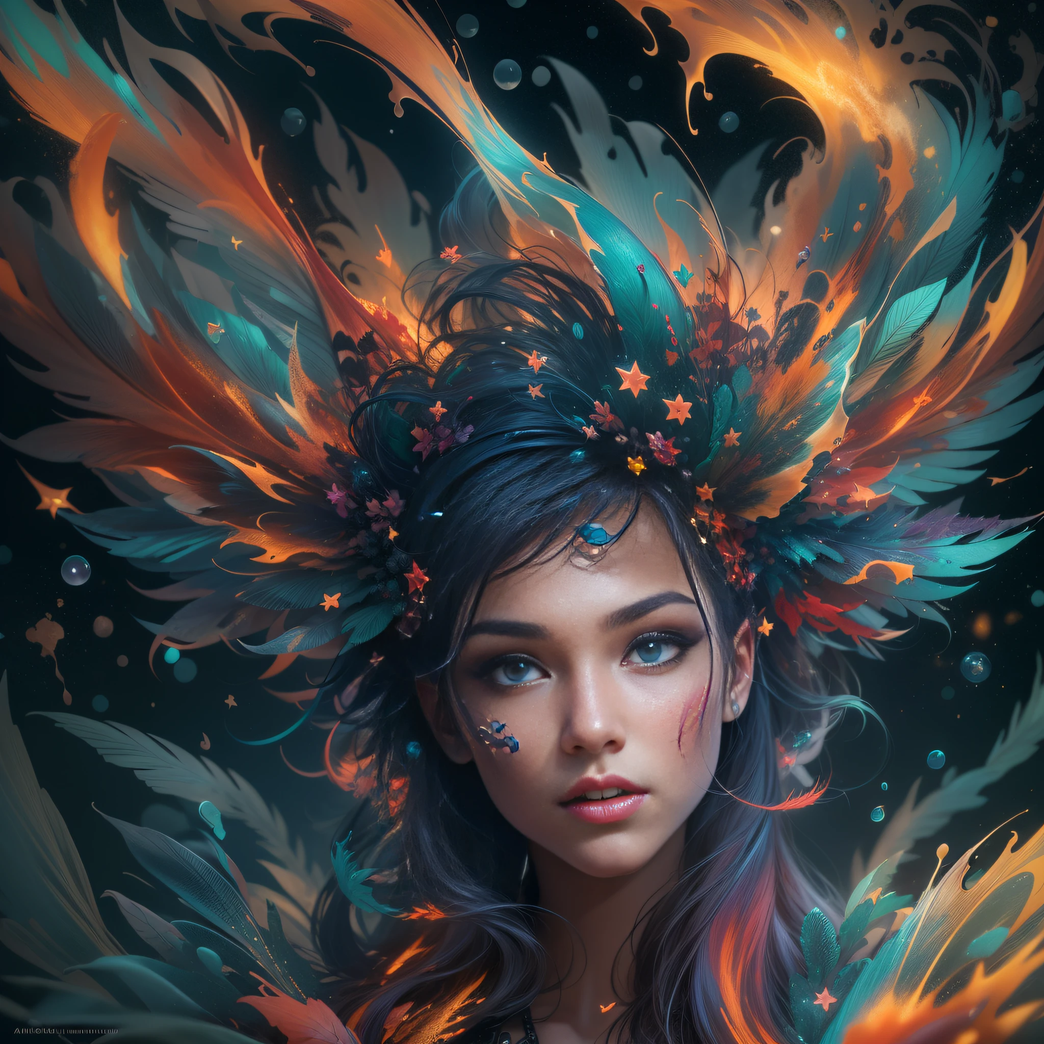 ((Fairy style ,translucid light underwear fairy outfit, Valentina N, Style blended, melted, liquid background of nebulas, clouds stars,)) Nebulosa,Galaxy, clouds, stars,  Splash art, style, portrait poster, Adobe Illustrator, Vector, 3D Illustration, Abstract Art, Print illustrations, black Background, Color, rainbow, Trendy Colorful Gradient, Centered, Front View, Hyper Detailed, Photorealistic Rendering, 8k HD, Focused, Super Detailed, head feathers, Intricately Detailed Splash Art Triadic Color Trend Artstation Unreal Engine 5 Volumetric Lighting, Gothic , High resolution, close-up, ambient light,