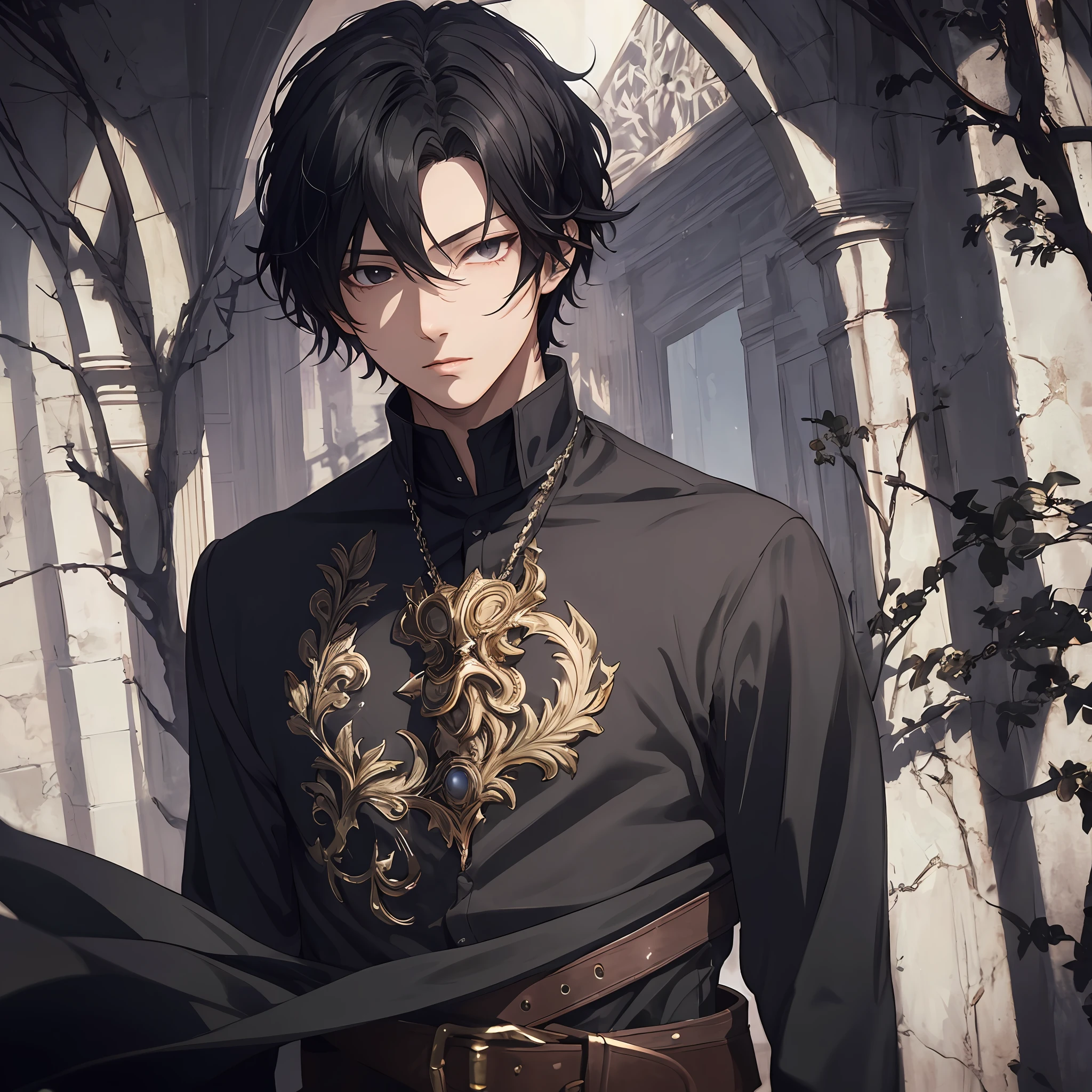 masterpiece, best quality, 1boy, teenager, male focus, solo, dark black hair, short hair, black eyes, looking at viewer, closed mouth, Fantasy aesthetics, Highly detailed, shadowverse style, black attire