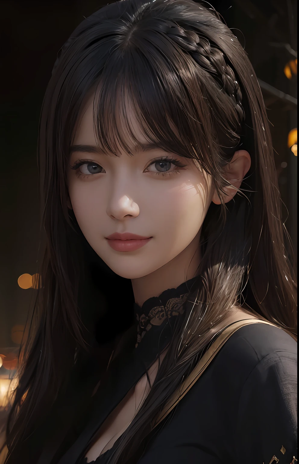 (Ultra Realistic), (Illustration), (Increased Resolution), (8K), (Extremely Detailed), (Best Illustration), (Beautiful and Detailed Eyes), (Best Quality), (Ultra Detailed), (Masterpiece ), ( wallpaper), (detailed face), solo, 1 girl, looking at viewer, fine details, detailed face, in the dark, deep shadows, low key, pureerosfaceace_v1, smiling, long hair, black shawl straight hair , 46 points oblique bangs