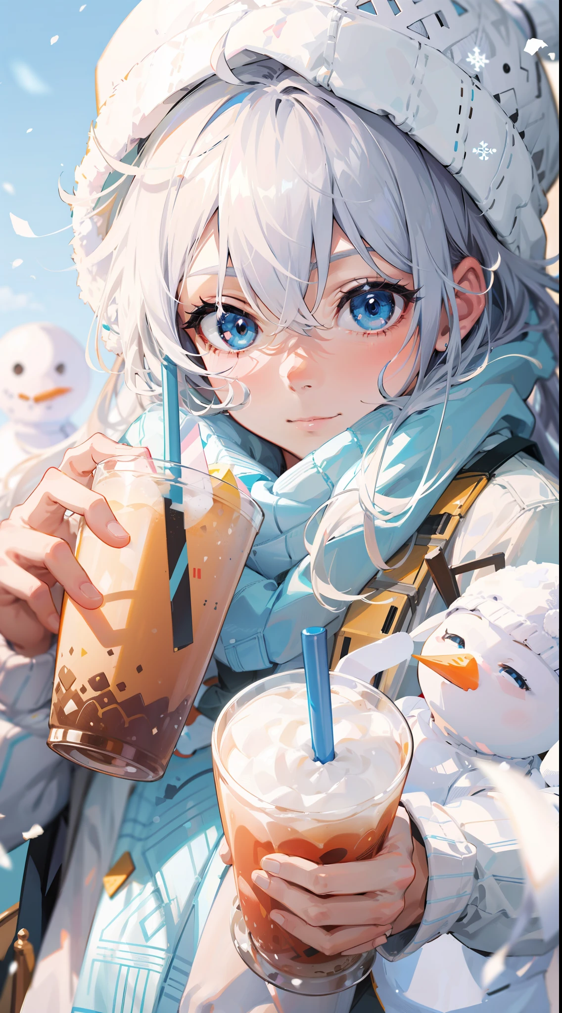 Anime boy with cold drink and snowman, Trending in ArtStation pixiv, pixiv, Digital art at Pixiv, pixiv style, artwork in the style of guweiz, tall anime man with blue eyes, trending in pixiv, pixiv trending, by Yuumei, Top Rated on pixiv, official artwork, Official art、A slight smil、snowman、White knitted hat