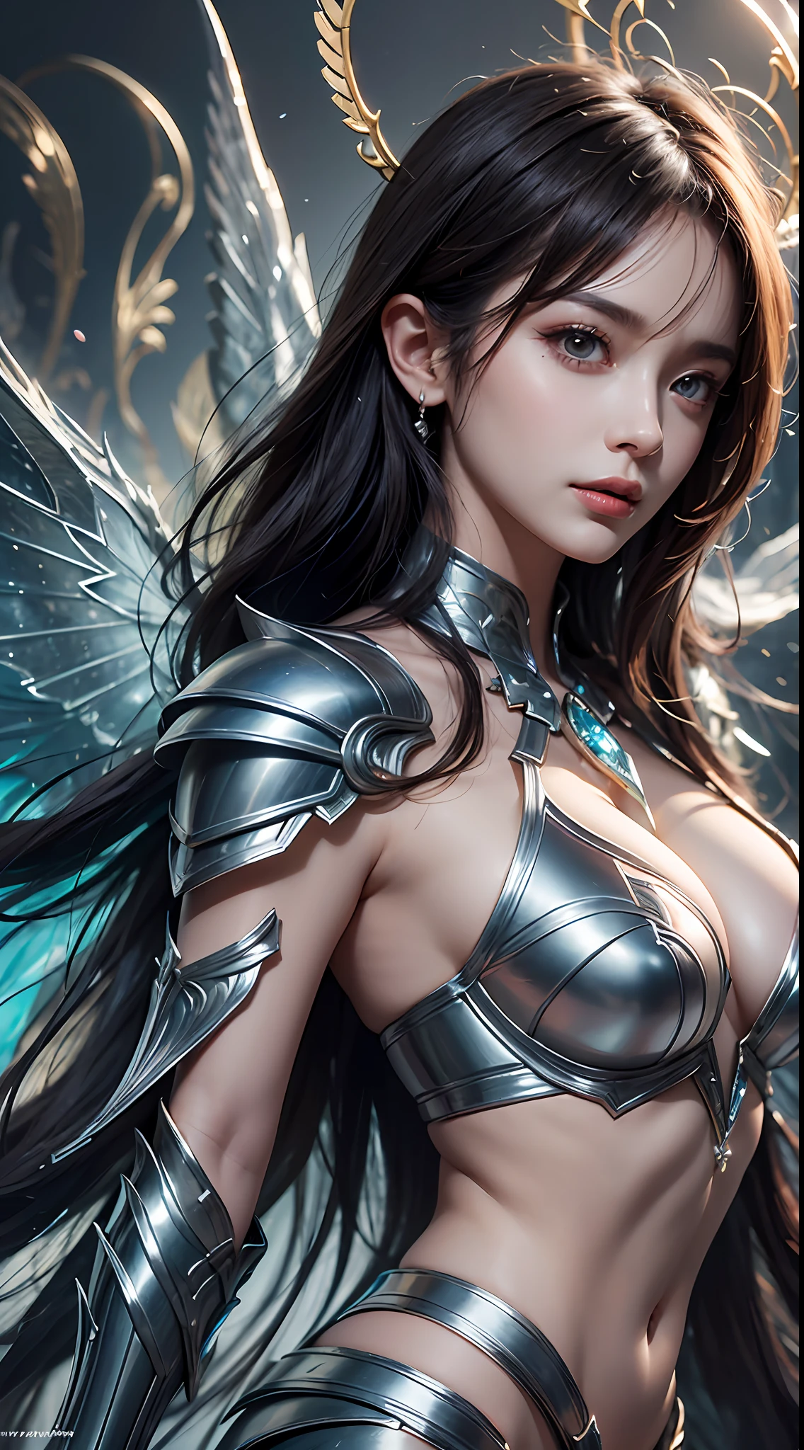 Beautiful demon girl，（best qualtiy，8K，tmasterpiece:1.3），Goose egg face，largeeyes，long eyelasher，With bangs，Cool handsome，Domineering，Exquisite（live-action realistic style），Star-like eyes，Ultimate face，Photorealistic light and shadow，Clear facial features，Milky white skin，Fair skin， highdetailskin， Realistic skin details， Visible Pore，（Super detail），Petite body，Carmelto， full bodyesbian，She wears long loose black hair and reaches her waist，（hair flowing）， Smoothness，Huge wings，Crystal wings，（Super detail），Cloaked in simple armor，（（dynamicposes）））， （（sexyposture））），（Two ice planet backgrounds（Binary orbital flight）），space，salama，Dramatic scenes，Huge snowy mountains，NSFW：1.07