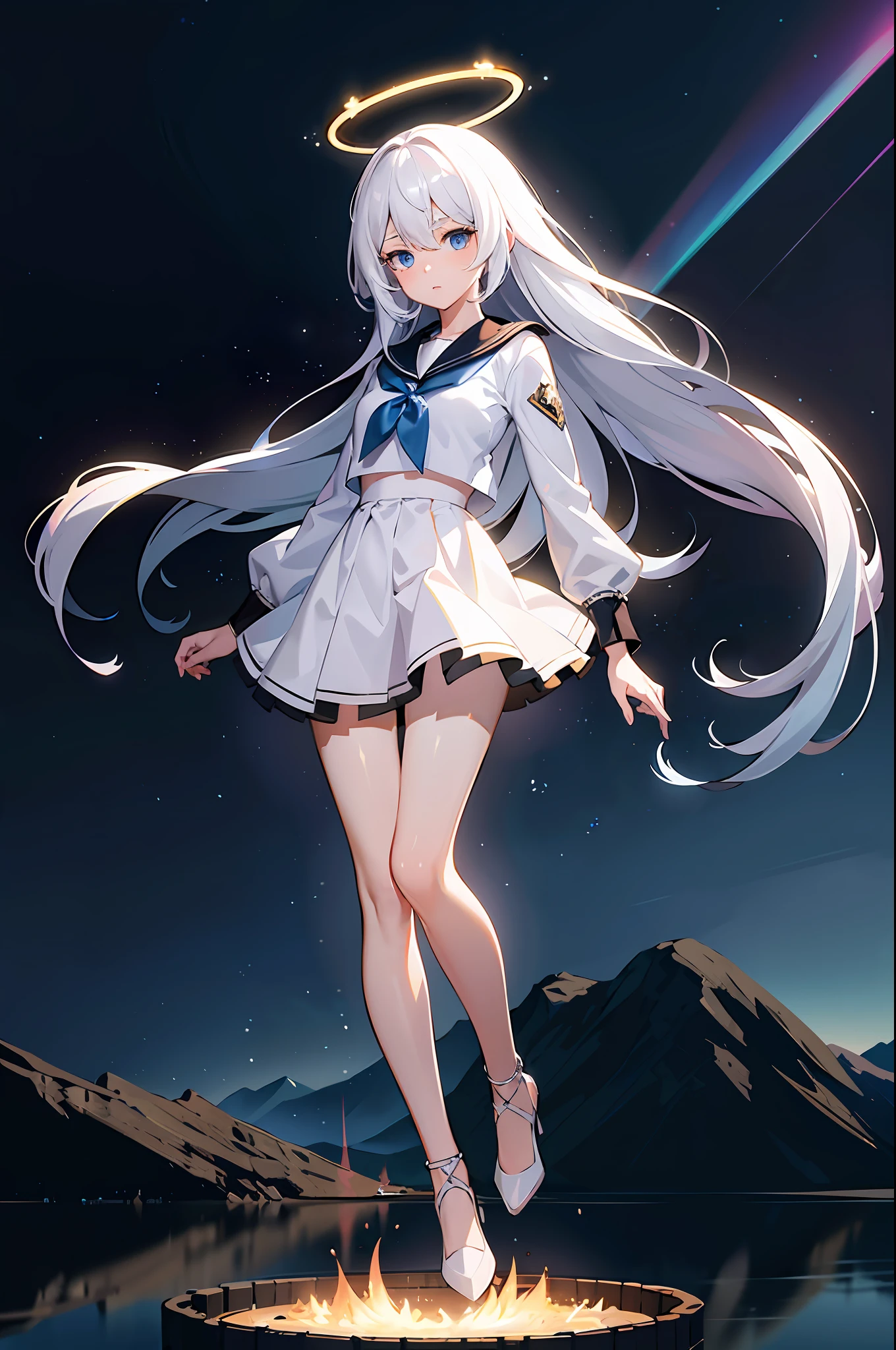 巨作, Best quality, 巨作, Best quality, offcial art, Extremely detailed CG unity 8k wallpaper, crepuscular, strong rimlight, intense shadow, Game_CG, girl, hair between eye, Blue eyes, Small breasts, tsurime, Long hair, White hair, serafuku, fullllbody, , metal halo, a glowing halo, floating in air，Flowing hair，sky, night, night sky , extreme light, ((full body))