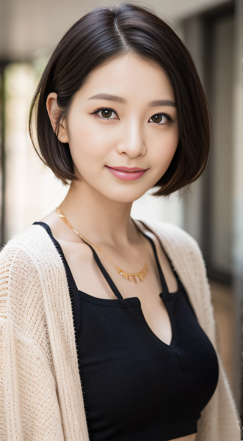 portrait, 8K, high quality, realistic photo image, 38 years old, Japan woman, neat and clean wife, small, housewife, reproduce natural and realistic eyes, Japan person stand, small, beautiful black hair, short hair, light makeup, octane rendering, beautiful lighting, golden ratio composition, smile, everyday wear, casual clothes, natural background, blurred background, 4k, high quality, realistic photo image, Japan woman, 37 years old, pure Japan face, lovely wife, upper body, small, light makeup, suppin, neat beauty, mature woman, sober clothes, blue, beige, blue, long skirt, shopping. sober, casual attire, smile, black hair, small black eyes, background blur