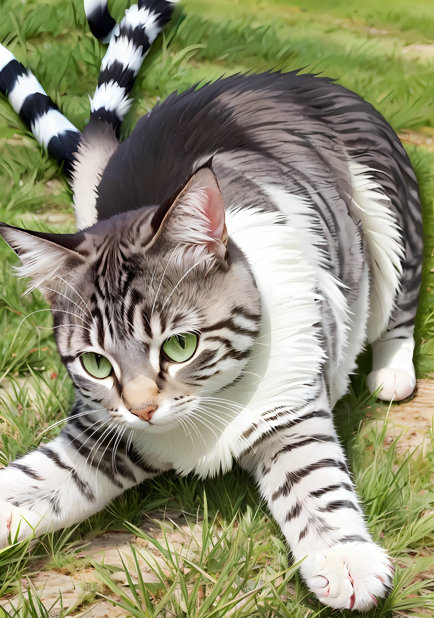 A cat lying on the ground，head looking up，lying on her side，Looking at the sky，The body is oblique，Head up