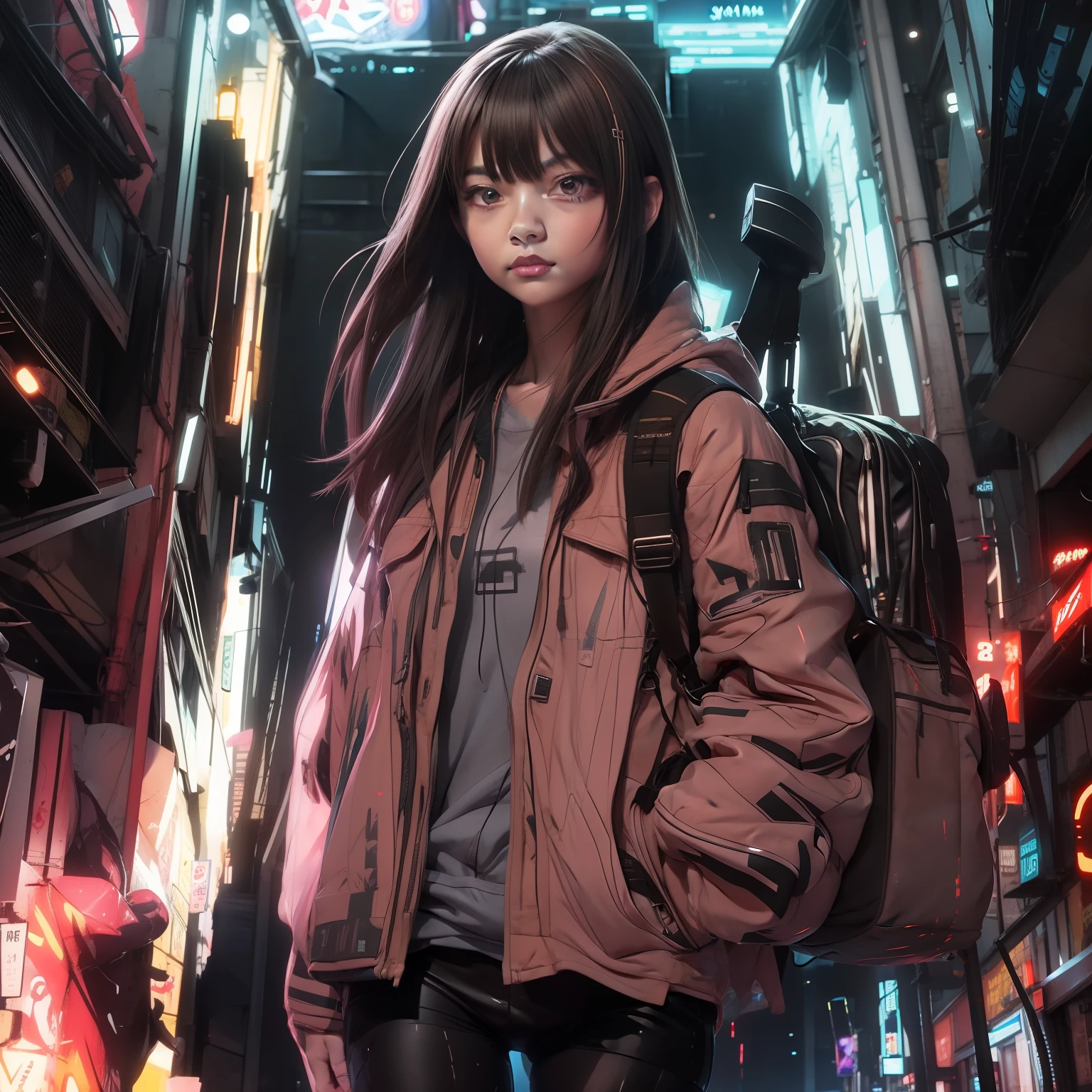 Anime girl walking in narrow alleys with backpack on her back, urban girl fanart, striking manga artstyle, tsutomu nihei art, cyberpunk anime girl in hoodie, cyberpunk anime girl, 4K,Backlight,Urban background,2.5D game model style,