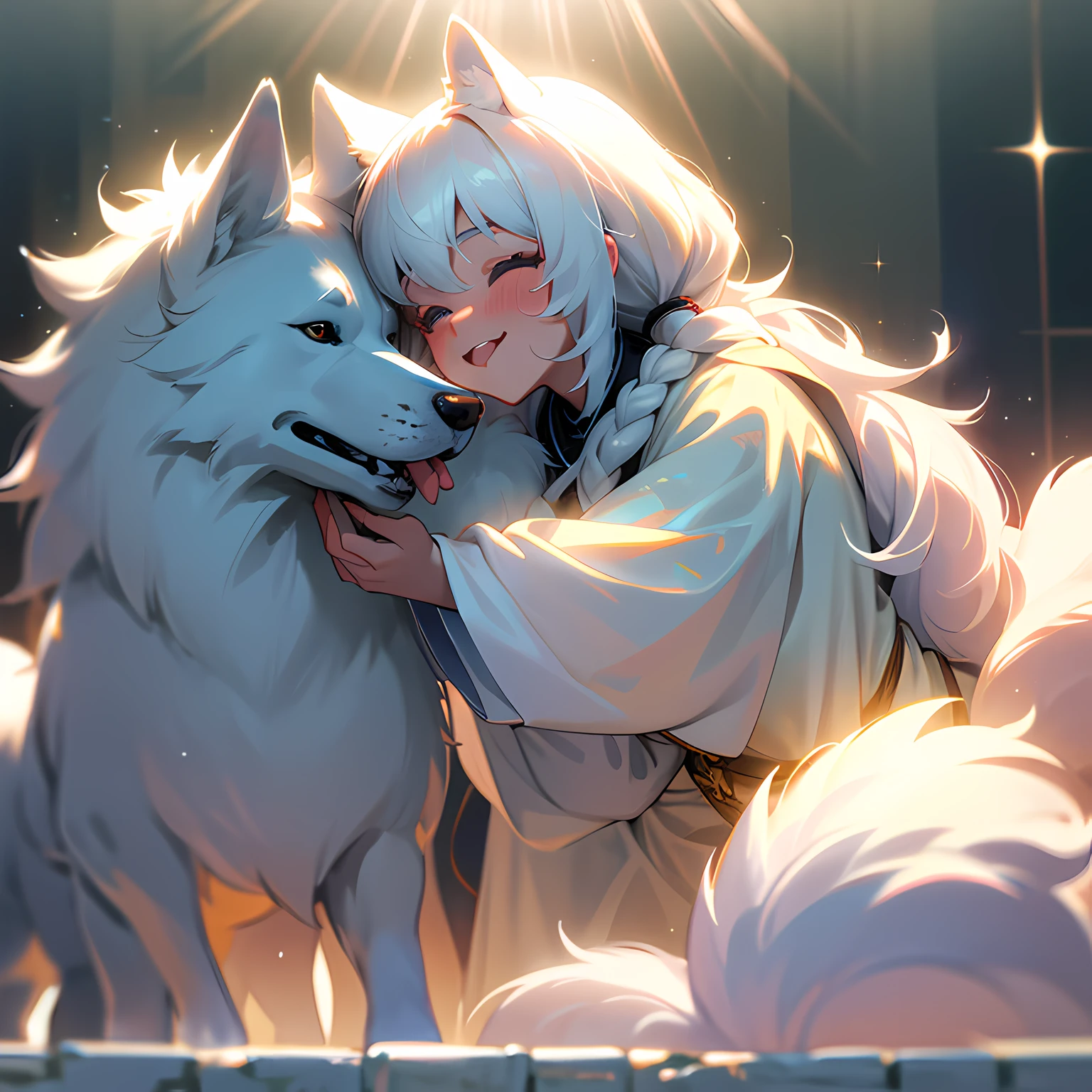 White clothes, white skin, black Fried Dough Twists braids, Pigtail, holding a Samoyed dog, nose blush, tongue out, Romanticism, chiaroscuro, cinematic lighting, sparkle, god rays, ray tracing, reflection light, vignetting, Wide-Angle, UHD, masterpiece, ccurate, textured skin, super detail, high details, best quality, highres, 8k --auto