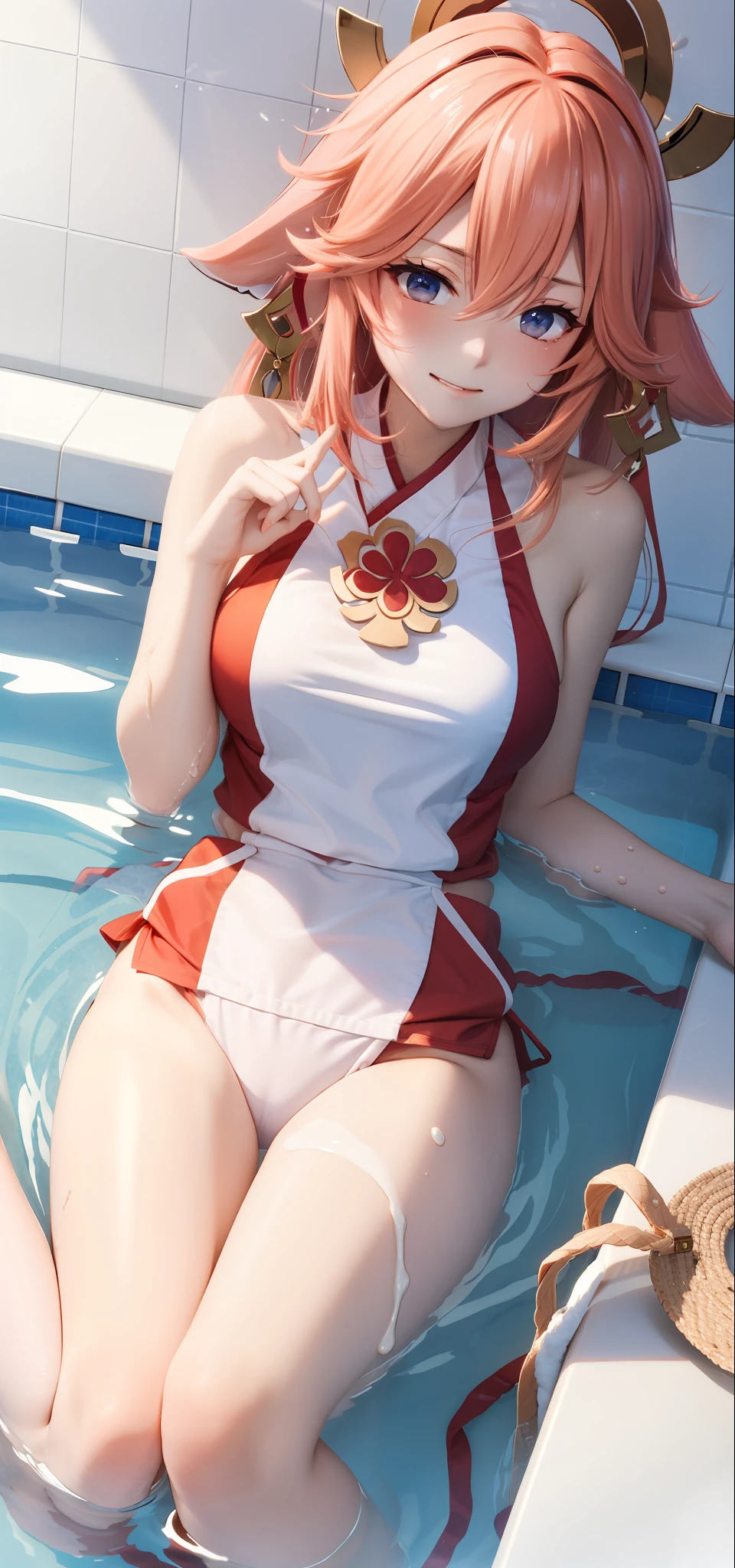 Delicate,yae miko,swimming uniform,Exposed milk,In the bath