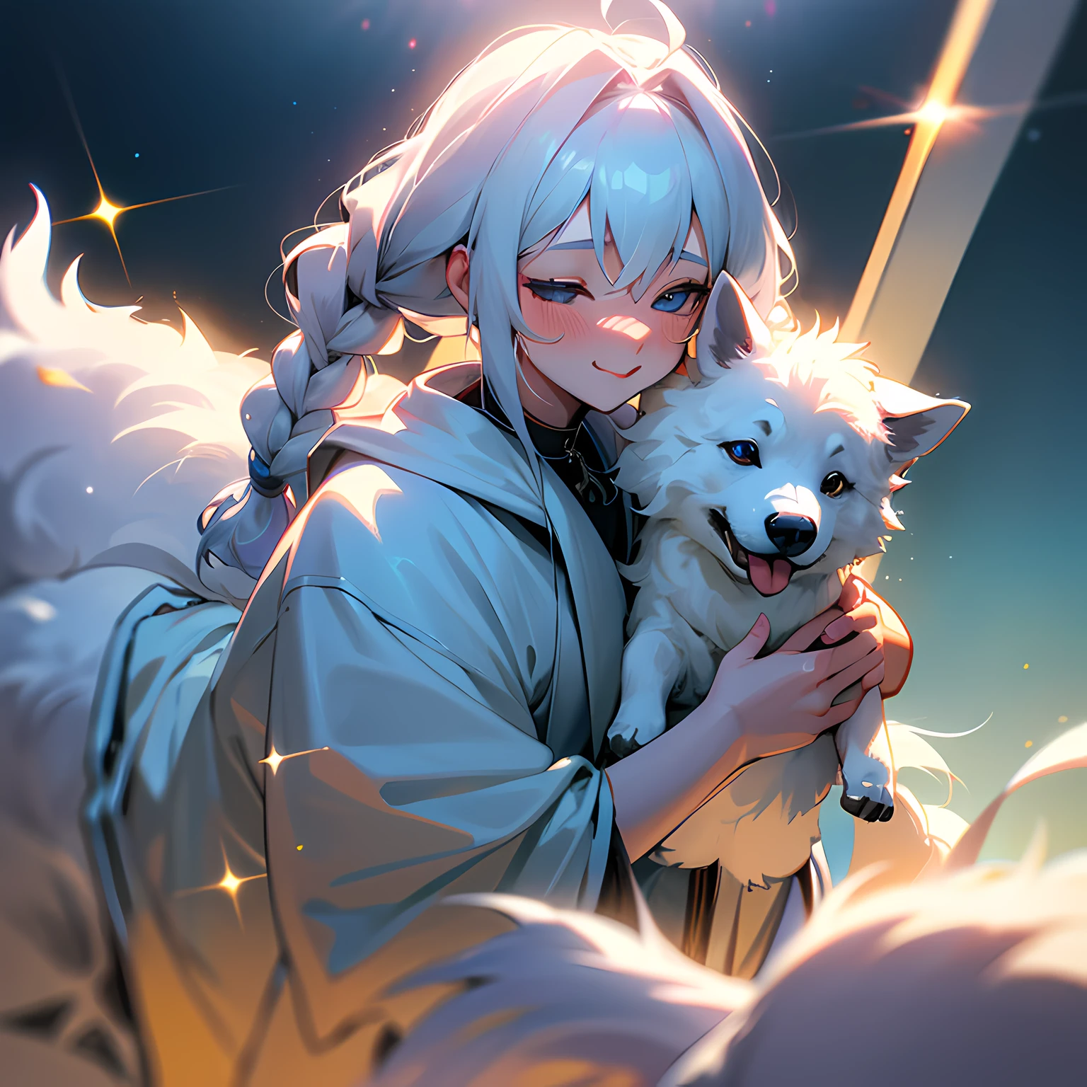 White clothes, white skin, black Fried Dough Twists braids, Pigtail, holding a Samoyed dog, nose blush, tongue out, Romanticism, chiaroscuro, cinematic lighting, sparkle, god rays, ray tracing, reflection light, vignetting, Wide-Angle, UHD, masterpiece, ccurate, textured skin, super detail, high details, best quality, highres, 8k --auto