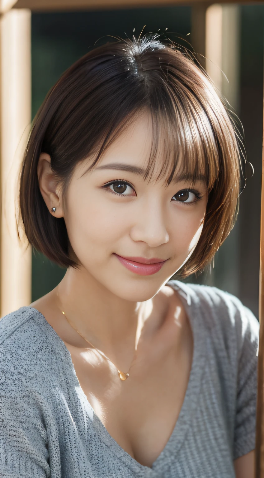 portrait, 8K, high quality, realistic photo image, 38 years old, Japan woman, neat and clean wife, small, housewife, reproduce natural and realistic eyes, Japan person stand, small, beautiful black hair, short hair, light makeup, octane rendering, beautiful lighting, golden ratio composition, smile, everyday wear, casual clothes, natural background, blurred background, 4k, high quality, realistic photo image, Japan woman, 37 years old, pure Japan face, lovely wife, upper body, small, light makeup, suppin, neat beauty, mature woman, sober clothes, blue, beige, blue, long skirt, shopping. sober, casual attire, smile, black hair, small black eyes, background blur