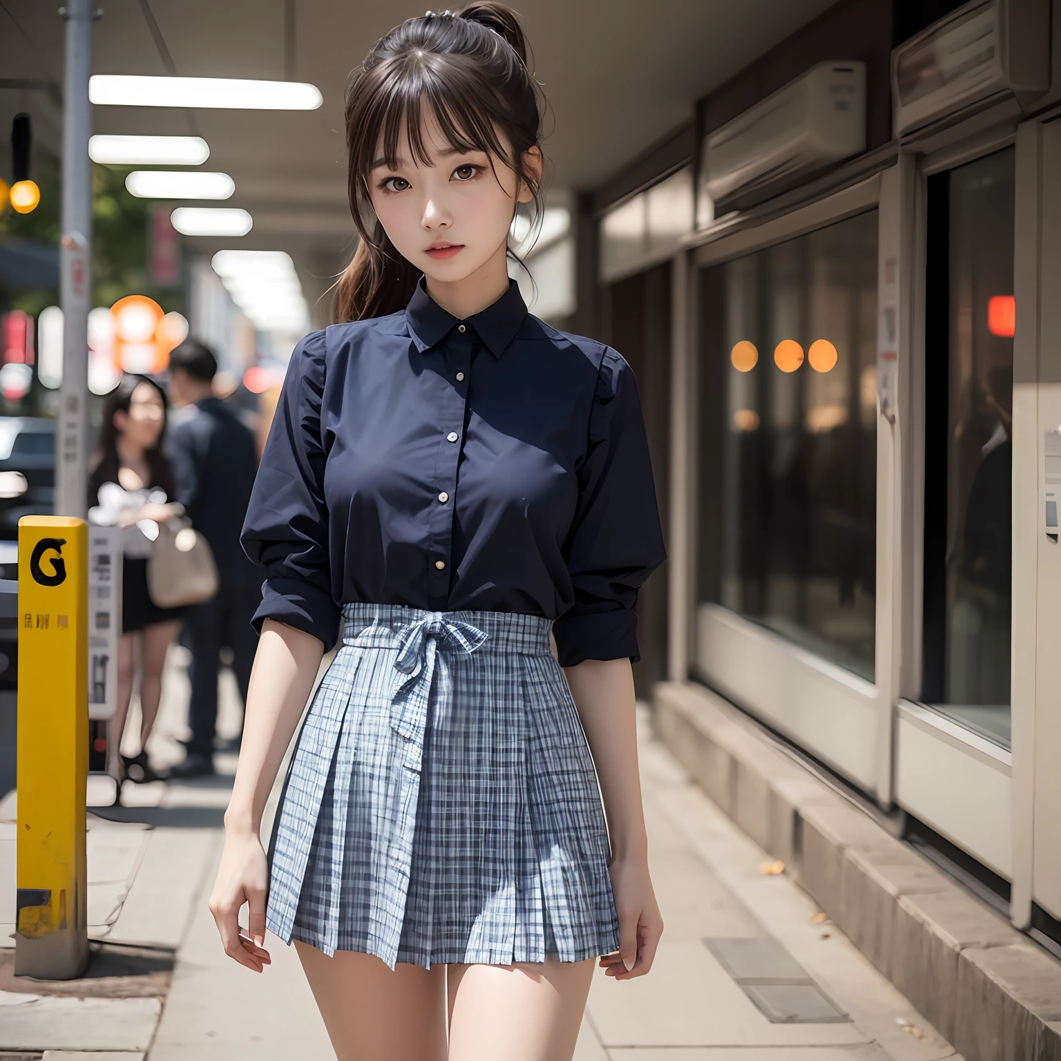 (8K、Raw photography、top-quality、masterpiece:1.2),full body Esbian,masterpiece,top-quality、超A high resolution,Raw photo,ren,Beautiful fece,One Person, 独奏,eye glass,,Dark look,Small breasts,fullllbody,Round glasses、cute little、A Japanese Lady,is standing,(Tight eyes,Bullish,skinny,Rasping,irate,small tits,flat breast)、(Photorealsitic:1.37)、Photon mapping,Light blue ribbon,Realistic、Cute little face,Brown-eyed、Black socks、Red bow tie、Radio City、Physically Based Rendering、Foreground、depth of fields、Blurry background、a picture,The girls、Body, Long legs, Thin leg, Single knot ponytail,Let your hair flow forward、(Bangs are visible), hair, s lips, Blue_The eye, nosesoft, Light blue shirt, Navy blue and blue and white plaid pleated skirt, Sheer clothing,, Thigh, Black cotton socks,Nogizaka Idol, 女優, Japanese ido