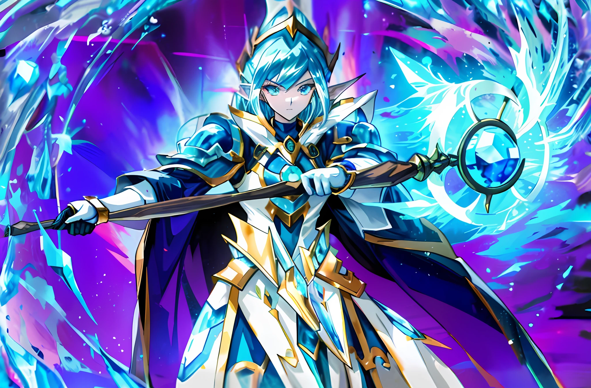 (Masterpiece:1.2), Highest image quality detail，Female magician with a magic staff，yugioh style，Water Mage Wooden Armor，Silver and ice reflective armor，A panoramic view of the world of the warlock，Water elf companion，Magic Warrior，Fantastic shape，dyna、stance、limb，It's all right，Beautiful and smooth，mystical ambiance，Superb lighting skills，Accurately grasp the contrast between positive and reflected light。