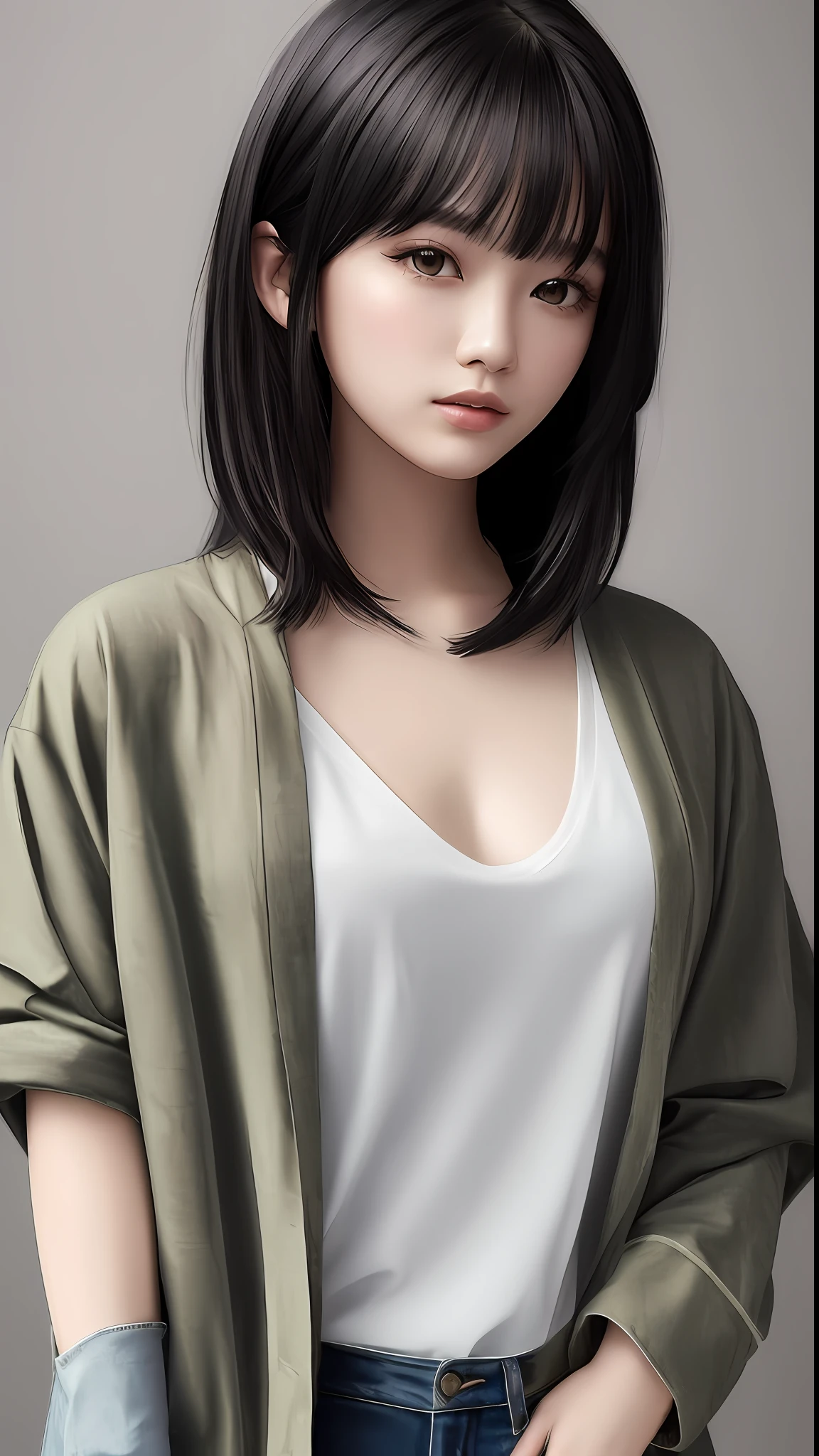 With the quality of a masterpiece、Highly detailed and beautiful CG Unity 8K wallpapers。Draw a cute woman with black hair with a shortcut。Contempt is felt in her eyes。She T-shirt、JINS、Wearing a khaki jacket。The 25-year-old、exposing the collarbone、She is a young and beautiful woman who boasts an E cup。