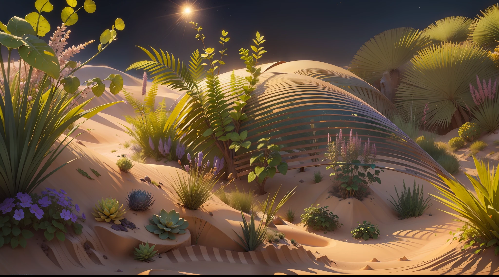 Small sand dunes，oases，rivulets，in the afternoon，rays of sunshine，There are flowers and plants in front of the screen，There are leaves on both sides of the screen，Little fireflies fly，The is very detailed，best qualtiy