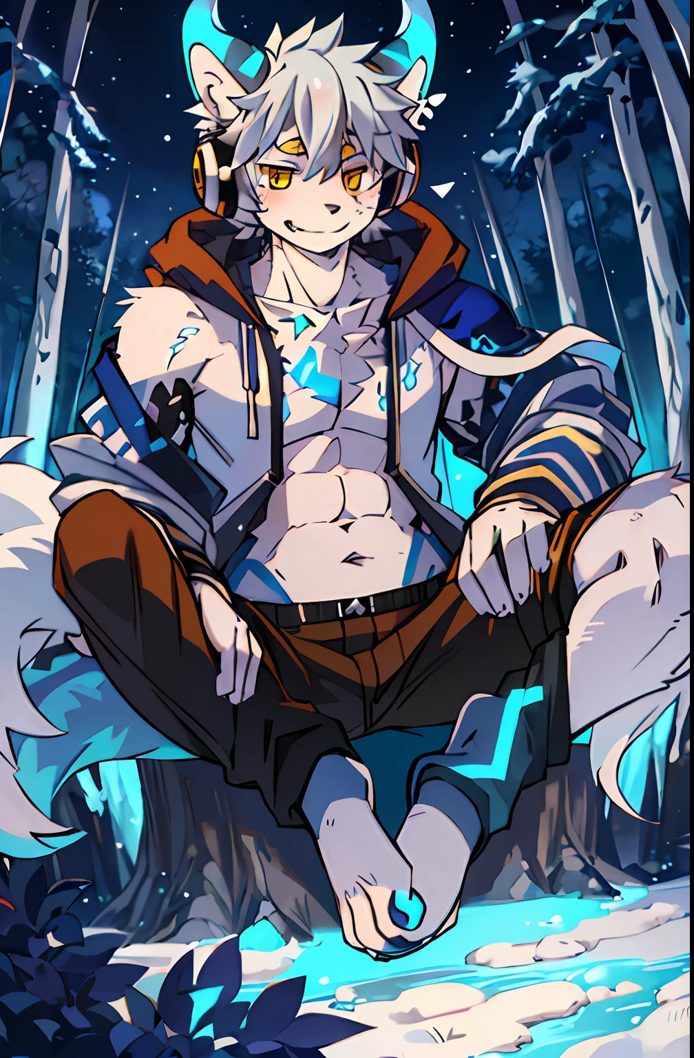 lewd eyes, in a panoramic view，Character focus，Full body like，独奏,solo person， Correct human ???????。male people，Furry male wolf（Dragon and wolf combined），Yellow eyes，Blue skin，A pair of dragon wings, Gray hair(The long），Wear white ear headphones，couple（Little big breasts柄）Blue horn fluorescence，In the forest，the night，starrysky，Sit sideways on the treetops，Take control of the magic，Ice floating all around，grey shorts，Sports socks（Bare toes），Looking at the night sky，ssmile，DOA，Young style，height of one meter seven，Handsome， There is a wolf tail，k hd，8K，1440*2048