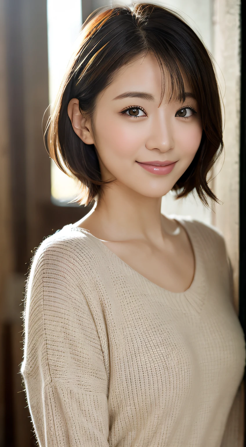 portlate、8K、hightquality、Realistic photo images、30 age old、japanese lady、Neat and clean wife、small tits、house wife、Reproduce natural and realistic eyes、Japan Person Stand、small tits、Beautiful black hair、Shorthair、light make-up、octan render、beautiful lighting、Composition of the golden ratio、a smile、everyday clothes、dressed casually、Natural background、blured background、age、Pure Japan human features、Lovely wife、Upper body body、small tits、Light makeup、Suppin、Neat and clean beauty、A MILF、Sober clothing、greys、beige、blue、plain、Casual attire、A slight smil、A dark-haired、Small black eyes、Background bokeh
