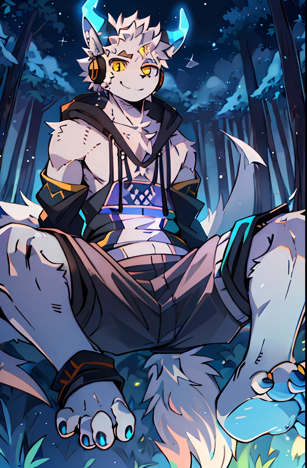 lewd eyes, in a panoramic view,Character focus,Full body like,独奏,solo person, Correct human anatomy。male people,Furry male wolf(Dragon and wolf combined),Yellow eyes,Blue skin,A pair of dragon wings, Gray hair(The long),Wear white ear headphones,couple(Little big breasts柄)Blue horn fluorescence,In the forest,the night,starrysky,Sit sideways on the treetops,Take control of the magic,Ice floating all around,grey shorts,Sports socks(Bare toes),Looking at the night sky,ssmile,DOA,Young style,height of one meter seven,Handsome, There is a wolf tail,k hd,8K,1440*2048