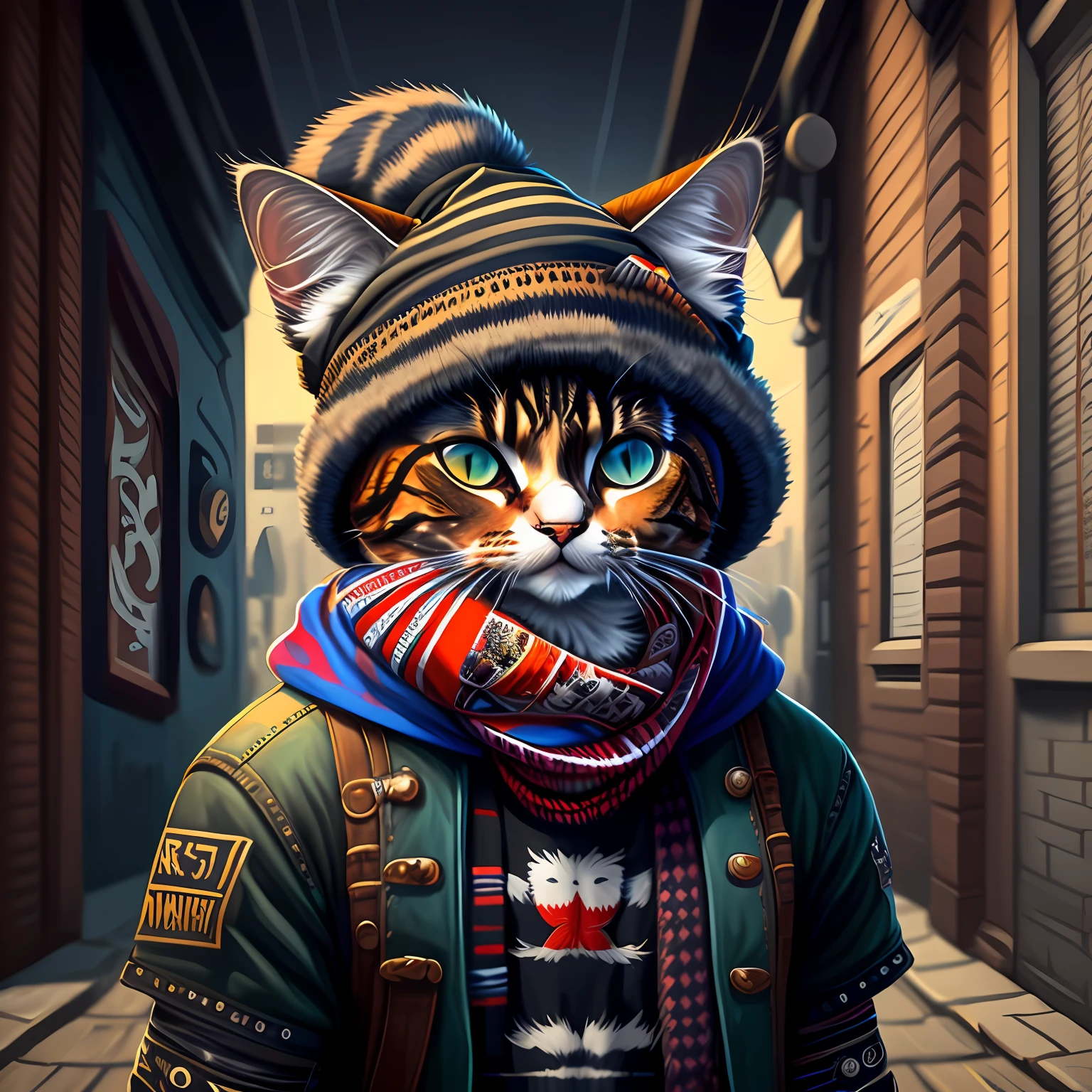 A painting of a cat wearing a hat and scarf, trends in art station, dressed in punk clothing, hyper realistic detailed rendering, british gang member, Urban style, intimidating pose, planet of cats, Trendy clothes, Urban Samurai, Meow, West Slavic specialties, 8 1 5 --auto