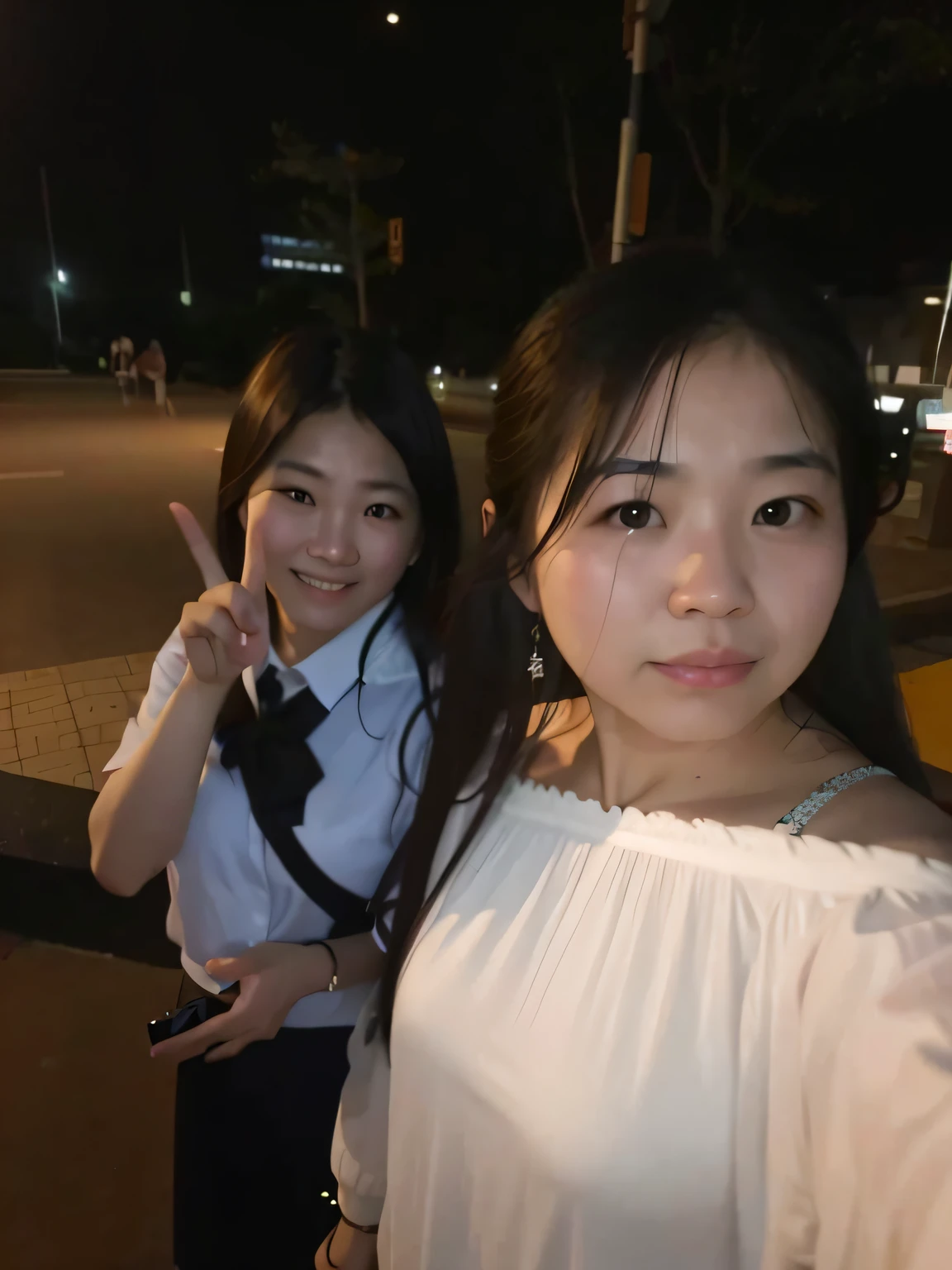 They are two Asian women posing for photos in the street, Student, 8k selfie photograph, Ruan Jia and Fenghua Zhong, nixeu and sakimichan, low quality photo, very very low quality picture, night photo, jaeyeon nam, taken with the best dlsr camera, very very low quality, shot on gopro9 --auto
