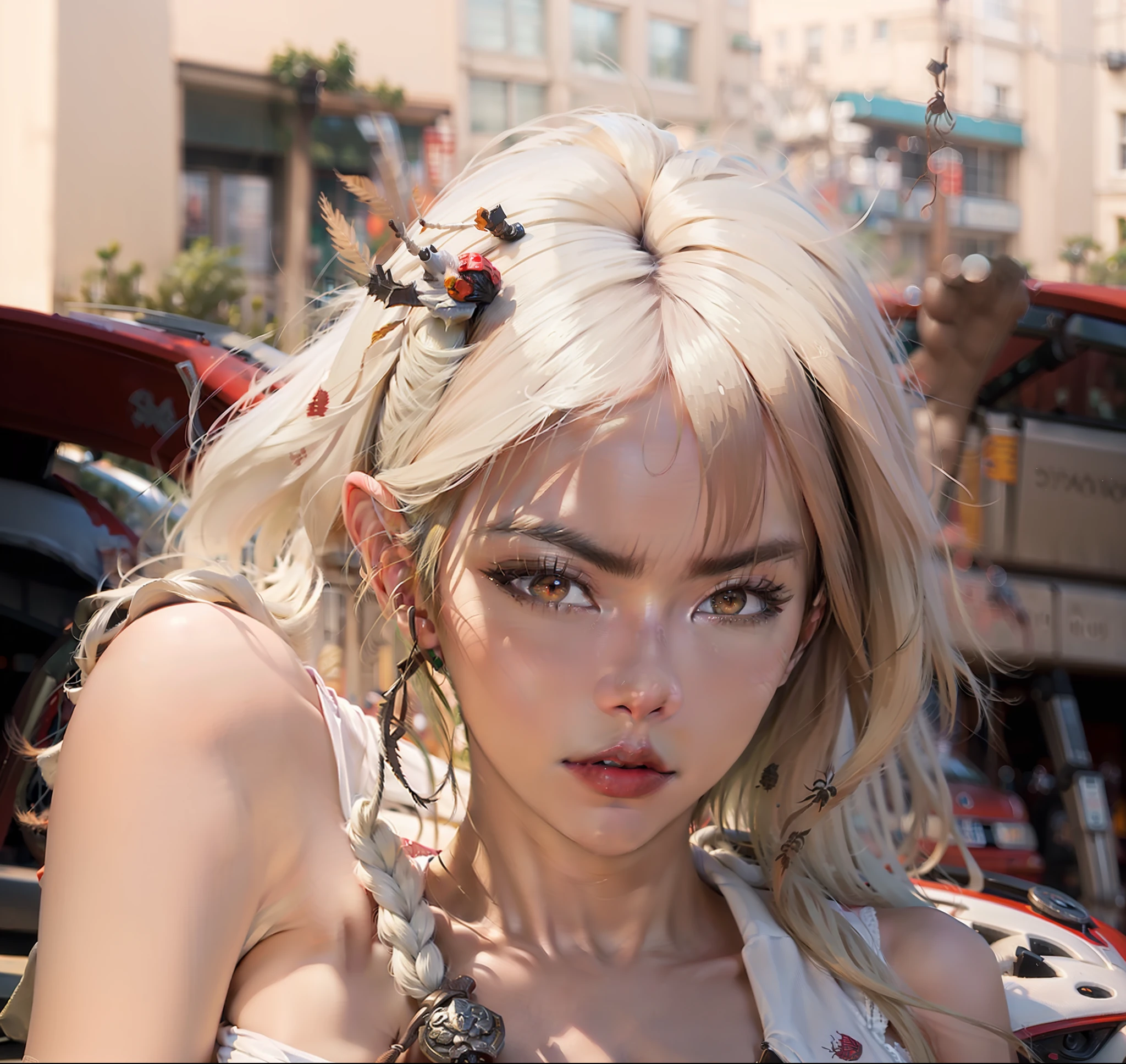 (Masterpiece, best quality), intricate details, 8k, artstation, wallpaper, official art, splash art, sharp focus,
1 girl, Ayane Nakiri, long hair, double tails, red eyes, white hair,
spider set, cobweb print, cobweb,
skyscraper, city, buildings, car, street,
