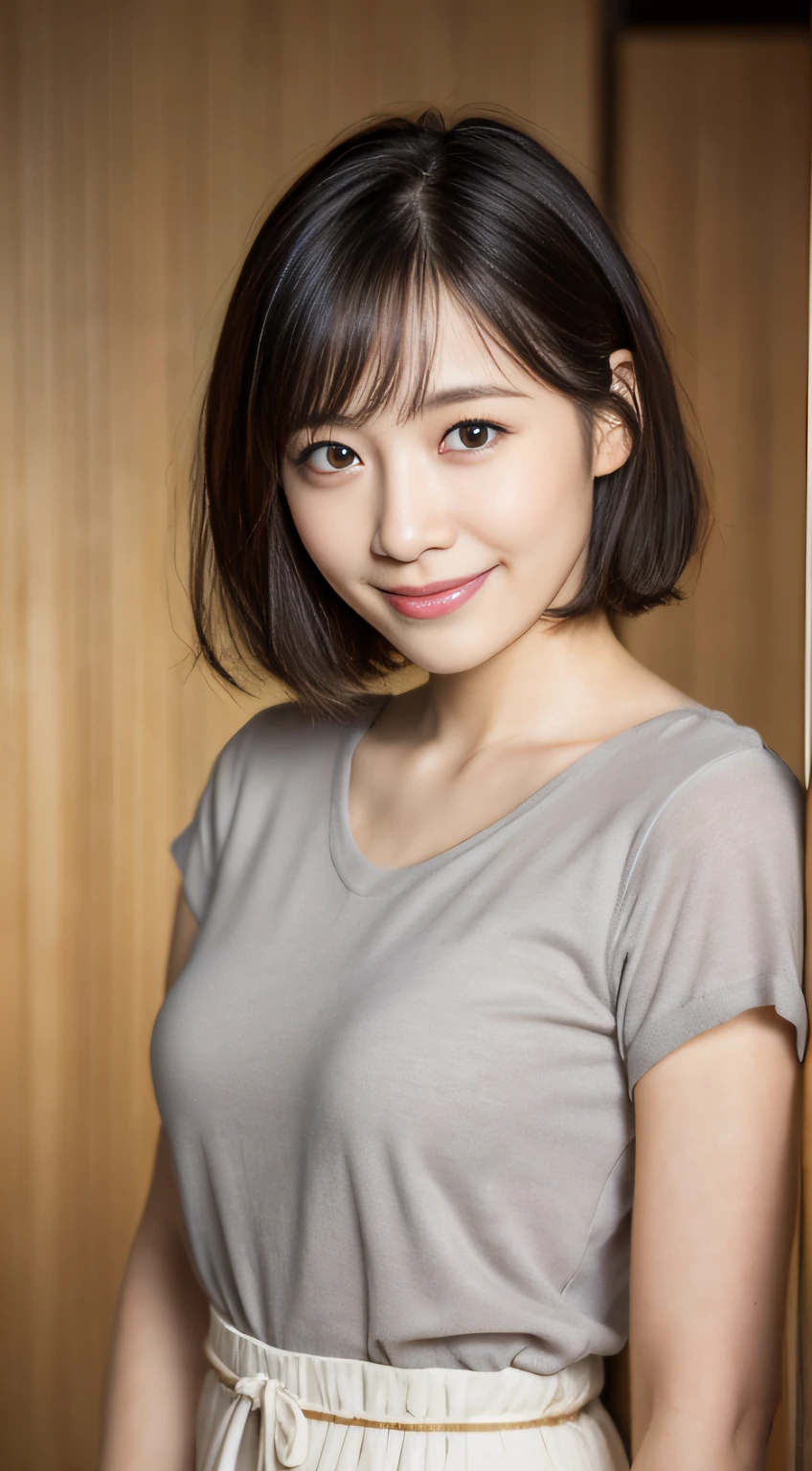 portrait, 8K, high quality, realistic photo image, 39 years old, Japan woman, neat and clean wife, small, housewife, reproduce natural and realistic eyes, Japan person stand, small, beautiful black hair, short hair, light makeup, octane rendering, beautiful lighting, golden ratio composition, smile, everyday wear, casual clothes, natural background, blurred background, 4k, high quality, realistic photo image, Japan woman, 37 years old, pure Japan face, lovely wife, upper body, small breasts, light makeup, suppin, neat beauty, mature woman, sober clothes, gray, beige, blue, sober, casual attire, smile, black hair, small black eyes, background blur